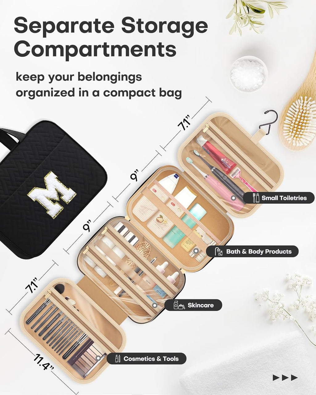 HOTOR Travel Toiletry Bag - Personalized Chenille Initial Makeup Bag, Water-Resistant Personalized Gifts for Women, Portable Travel Accessories & Essentials, Letter M, Black, 11.4"×9.0"×3.35"