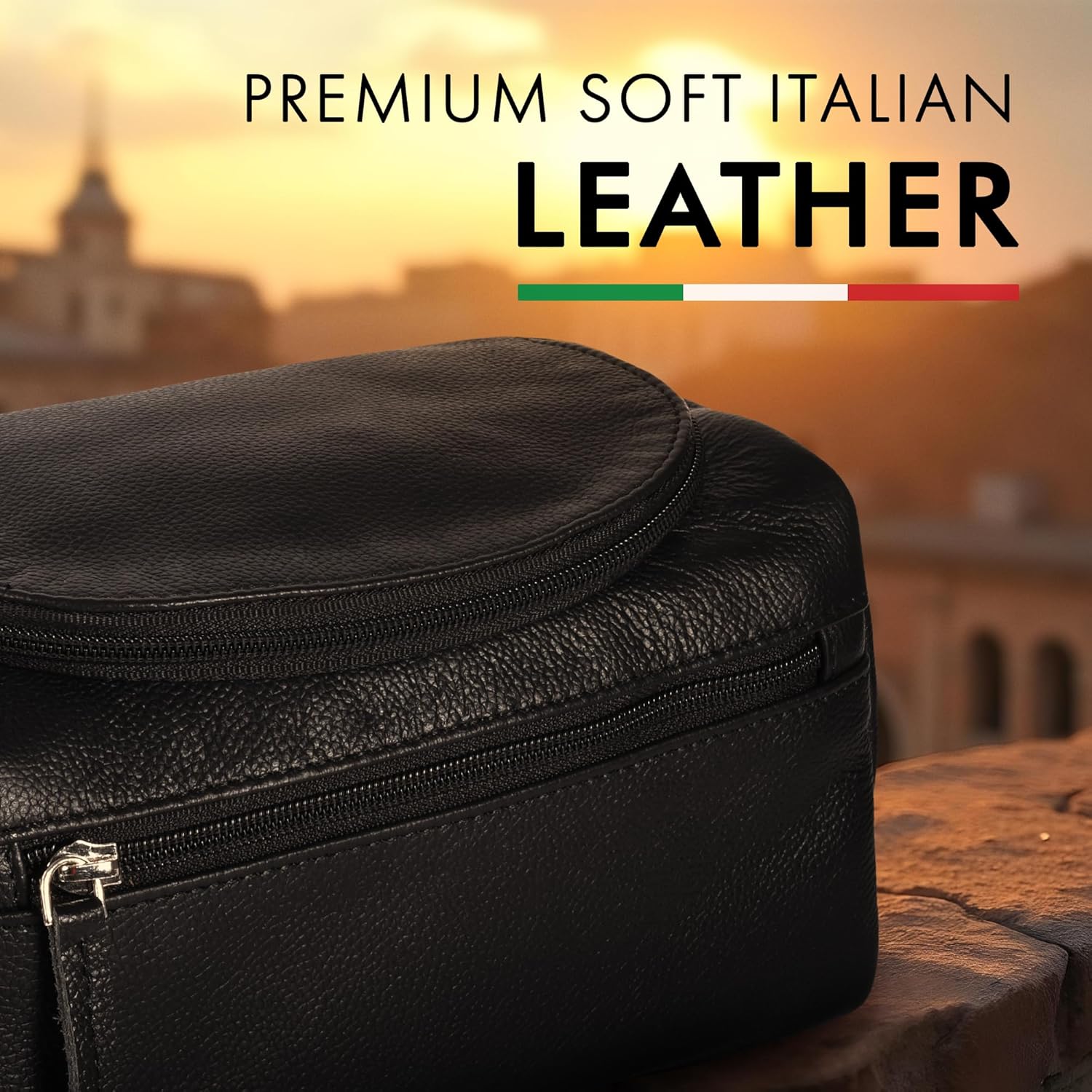 ELIZO Premium REAL Leather Toiletry Bag for Men Dopp Kitt Hanging Mens Toiletry Large TSA Toiletries Bag Shaving Grooming Bag Organizer Black