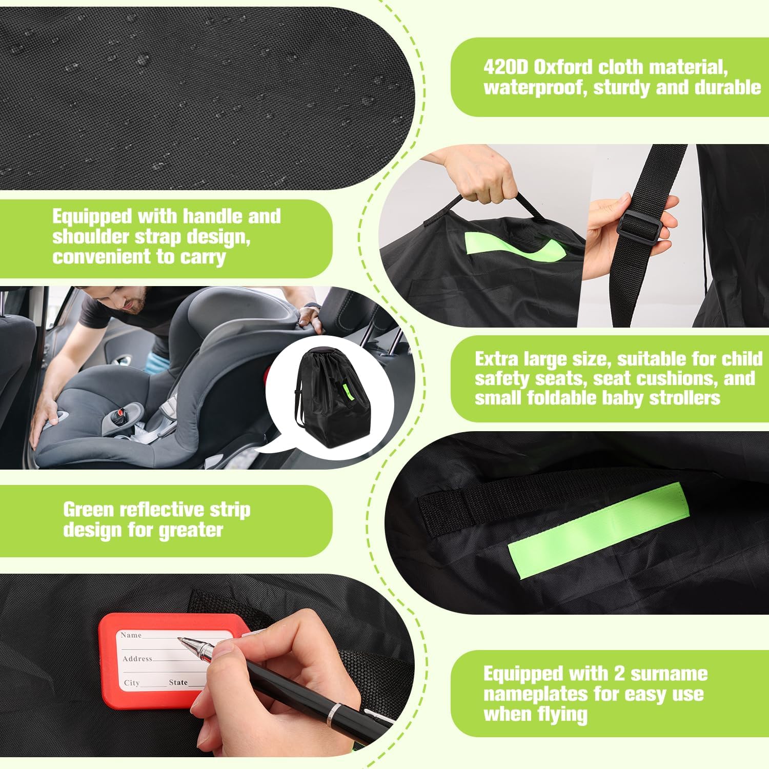 Car Seat Bags For Airplane Travel, Durable Carseat Cover For Air Travel Car Seat Travel Bag with Shoulder Straps and 2pcs Luggage Tags For Airplane