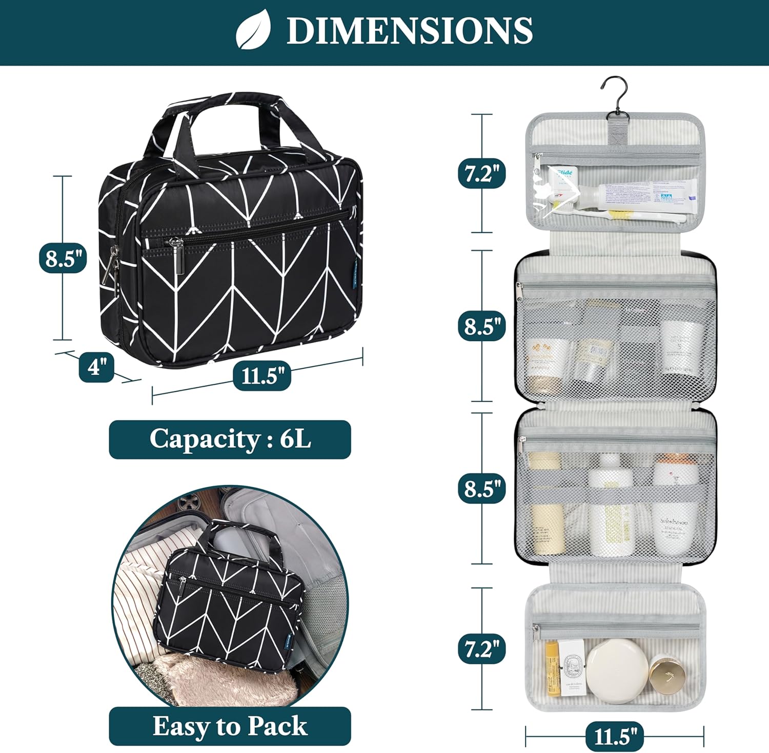 PAVILIA Hanging Toiletry Bag Travel Bag Women Men, Foldable Cosmetic Organizer, Roll up Makeup Bag, Water Resistant Accessories Toiletries, Large Travel Essentials Kit (Black Chevron)