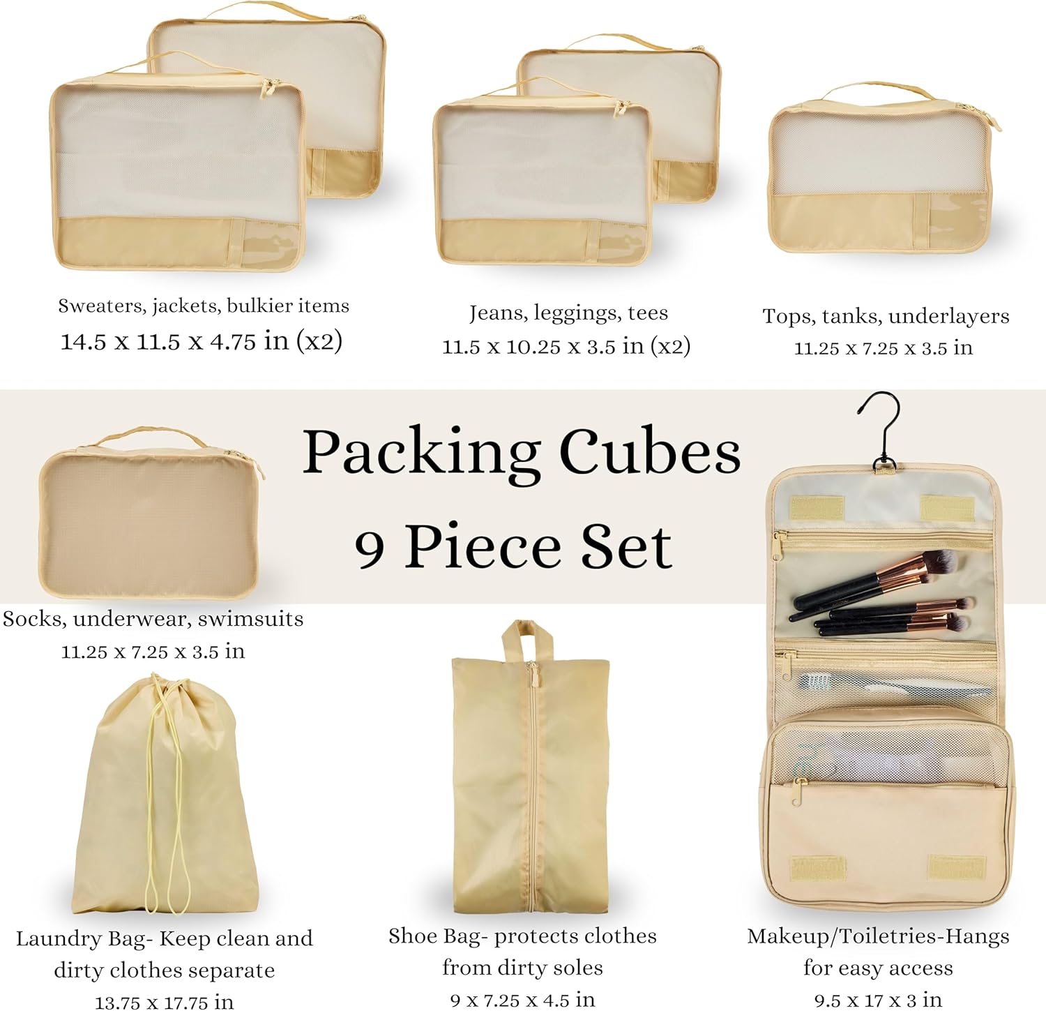 9 Set Packing Cubes - Suitcase Organizer, Cute Packing Cubes, Travel Bags Organizer for Luggage with Hanging Toiletry and Shoe Bag, Travel Essentials for Women, Men and Kids -Gold