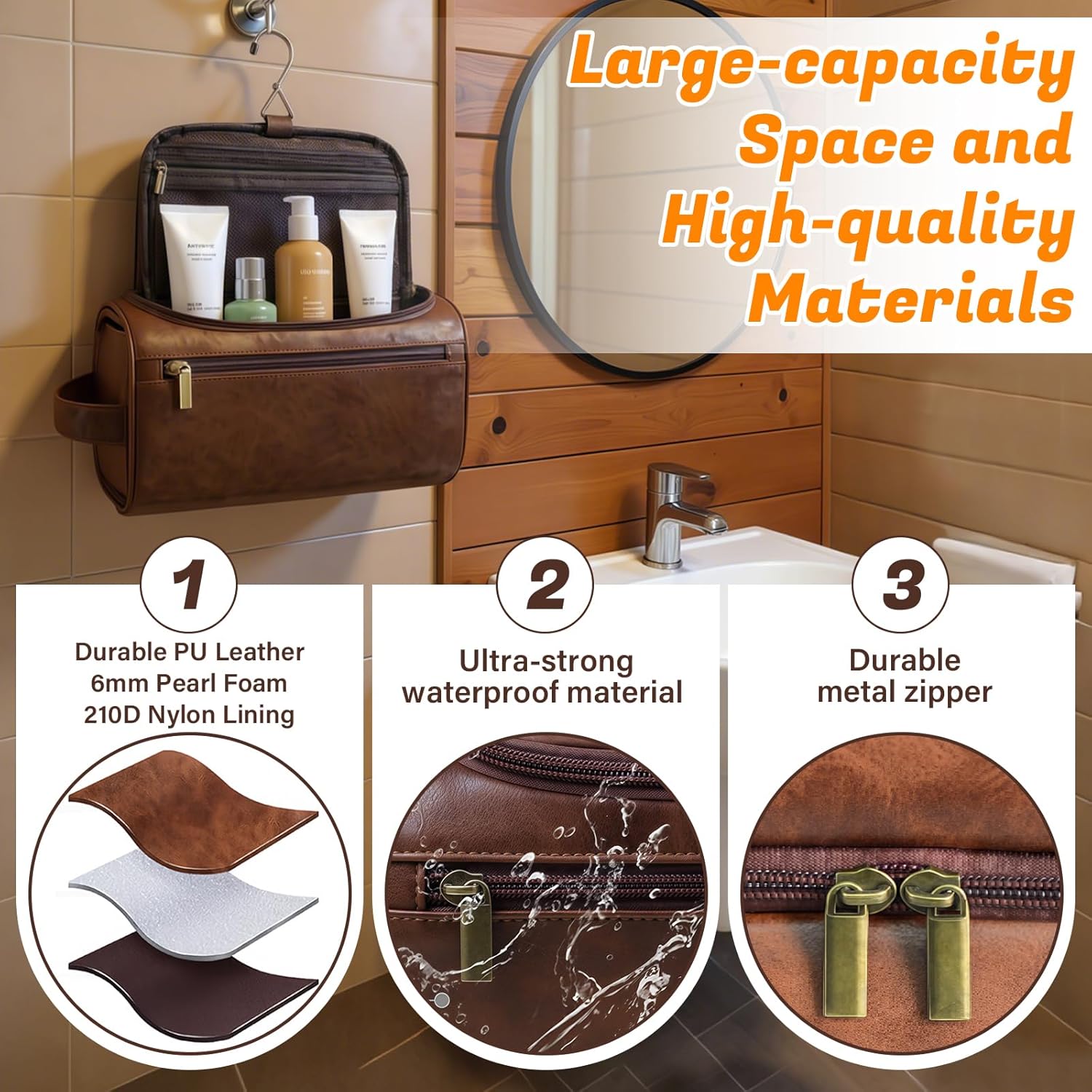 3-in-1 unisex PU toiletry bag: laser engraving & detachable waterproof section. Great personalized gifts (groomsmen, Father's Day, birthdays) — ideal for travel, gym, camping.