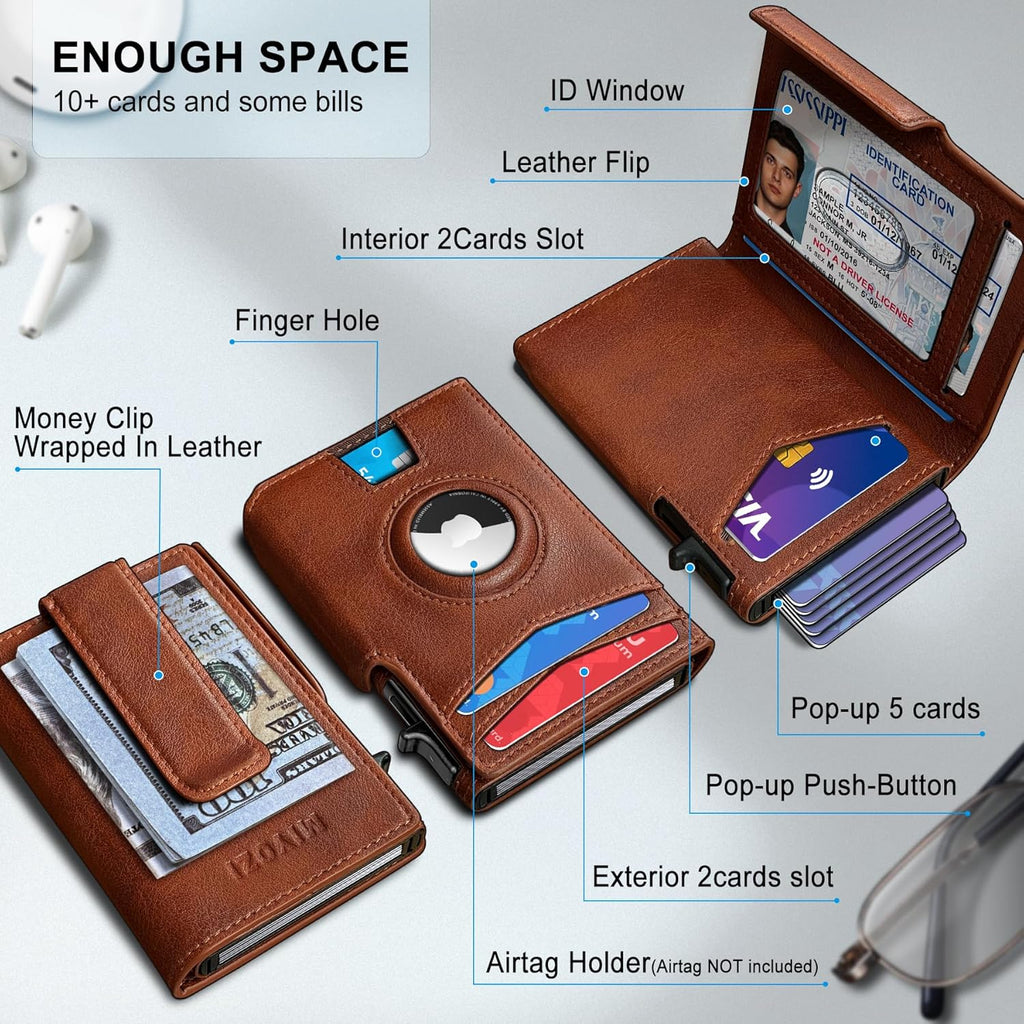 Airtag Wallet for Men,with Money Clip 10 Cards Metal Case Smart Slim Pop Up Credit Card Holder Flip with Magnetic Closure RFID Blocking wallet with Gift Box