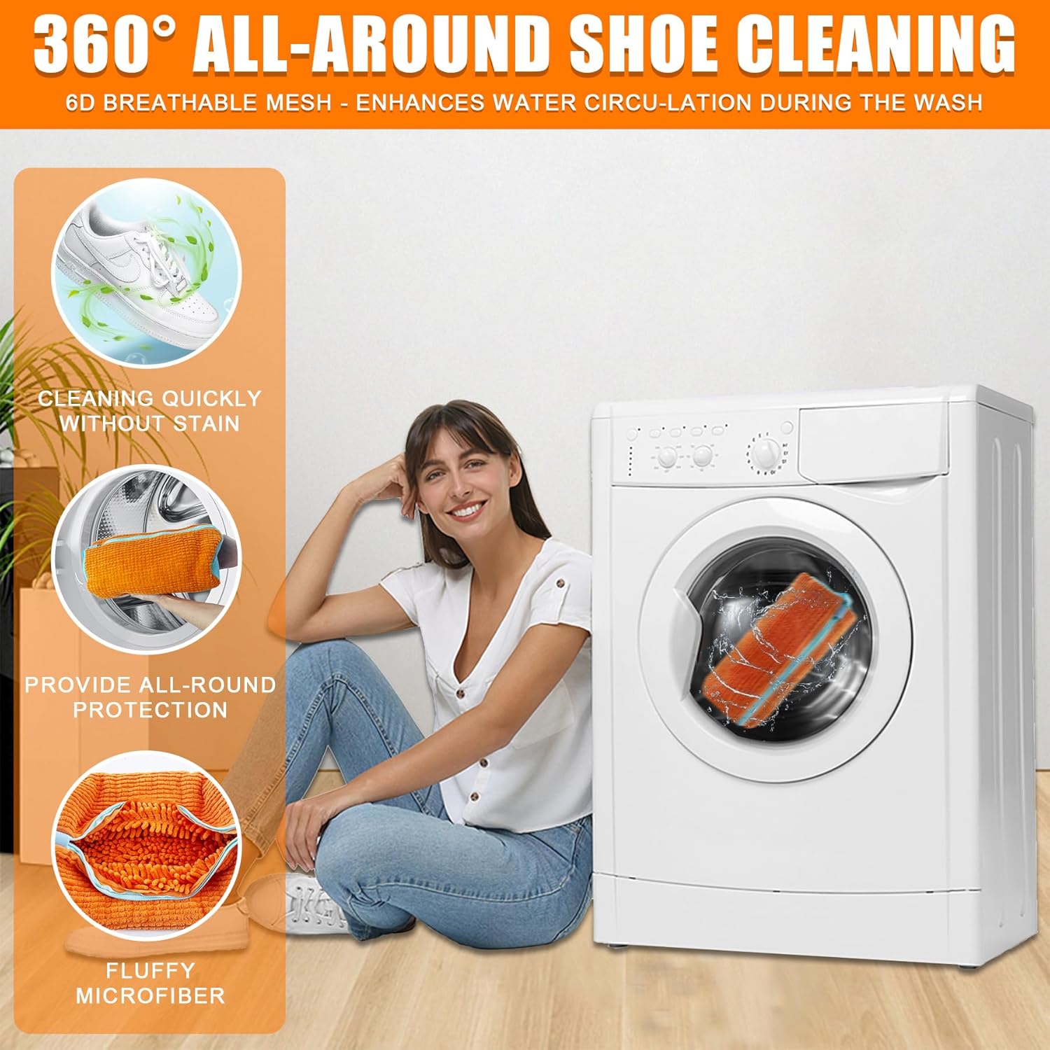 XXL Shoe Washing Machine Bag - 2-Pack Reusable Shoe Cleaning Bags, 360° Deep Clean for Sneakers, Tennis Shoes, and Slippers, Includes 2 Shoe Storage Dust Bags (Orange)