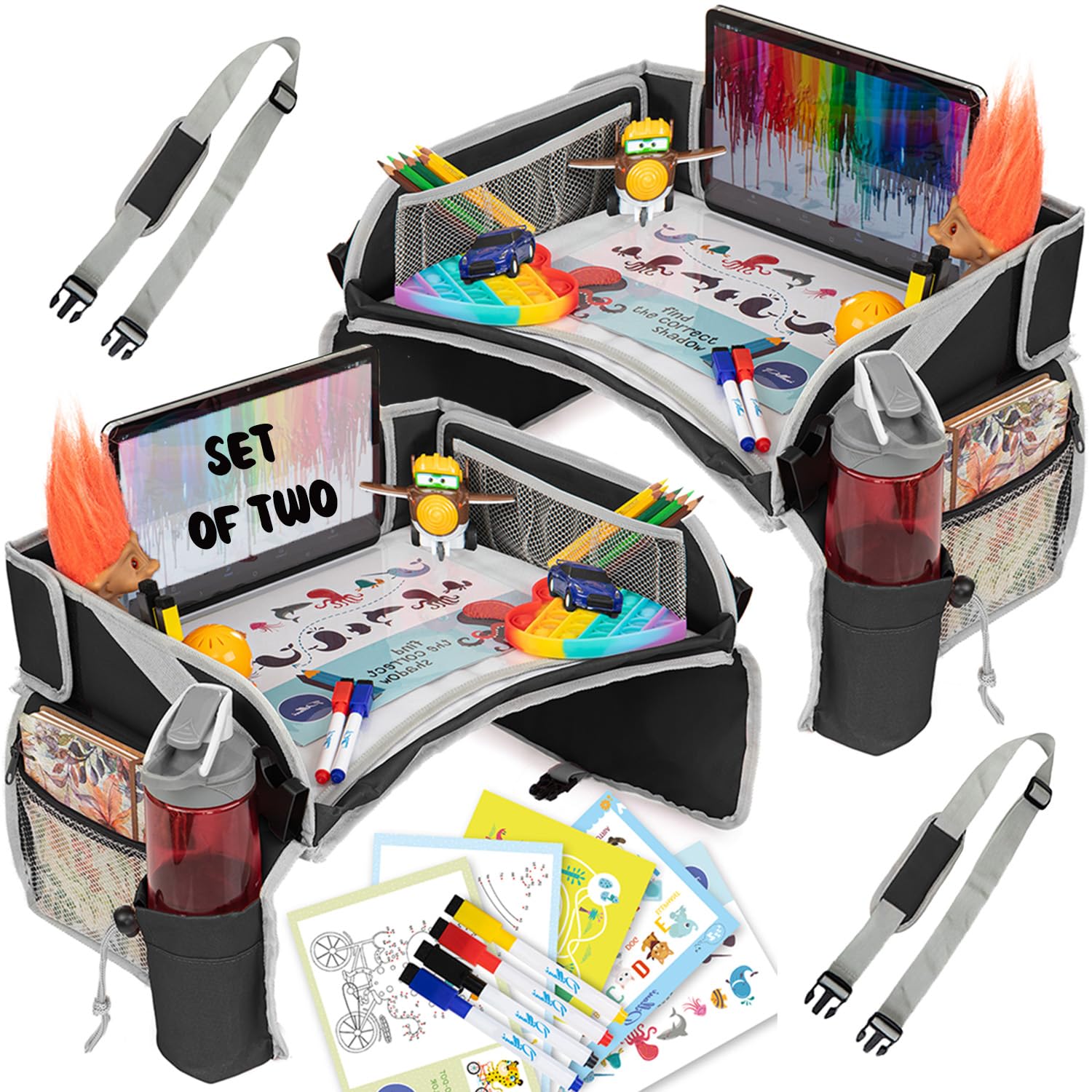 PILLANI Kids Travel Tray for Car - Car Seat Tray for Kids, Road Trip Essentials Must Haves - Carseat Table Roadtrip Activities - Toddler Lap Desk Organizer for Airplane - Travel Essentials - Pack of 2