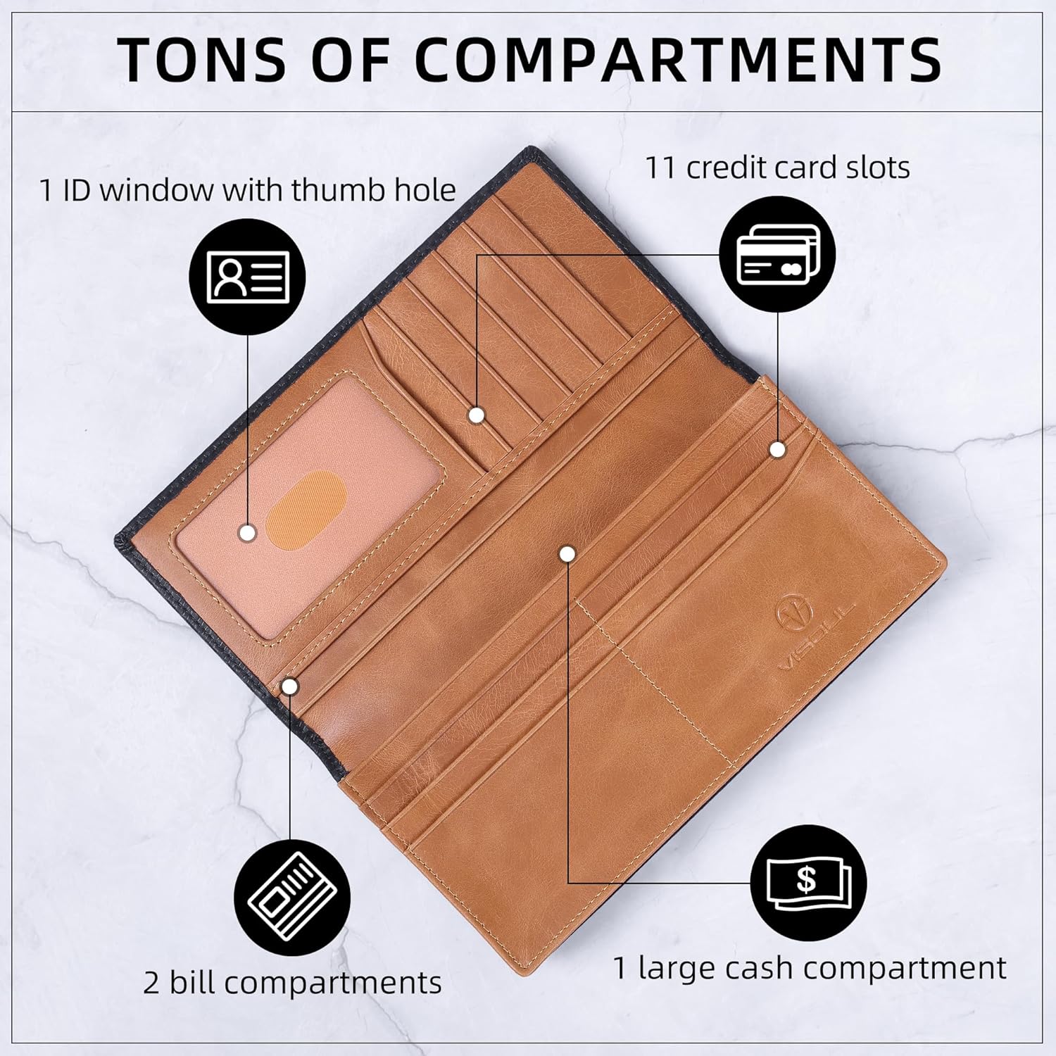 VISOUL Mens Large Long Leather Checkbook Bifold Wallet with RFID Blocking, Carbon Fiber Leather Tall Billfold Secretary Wallets for men (Black+Tan)