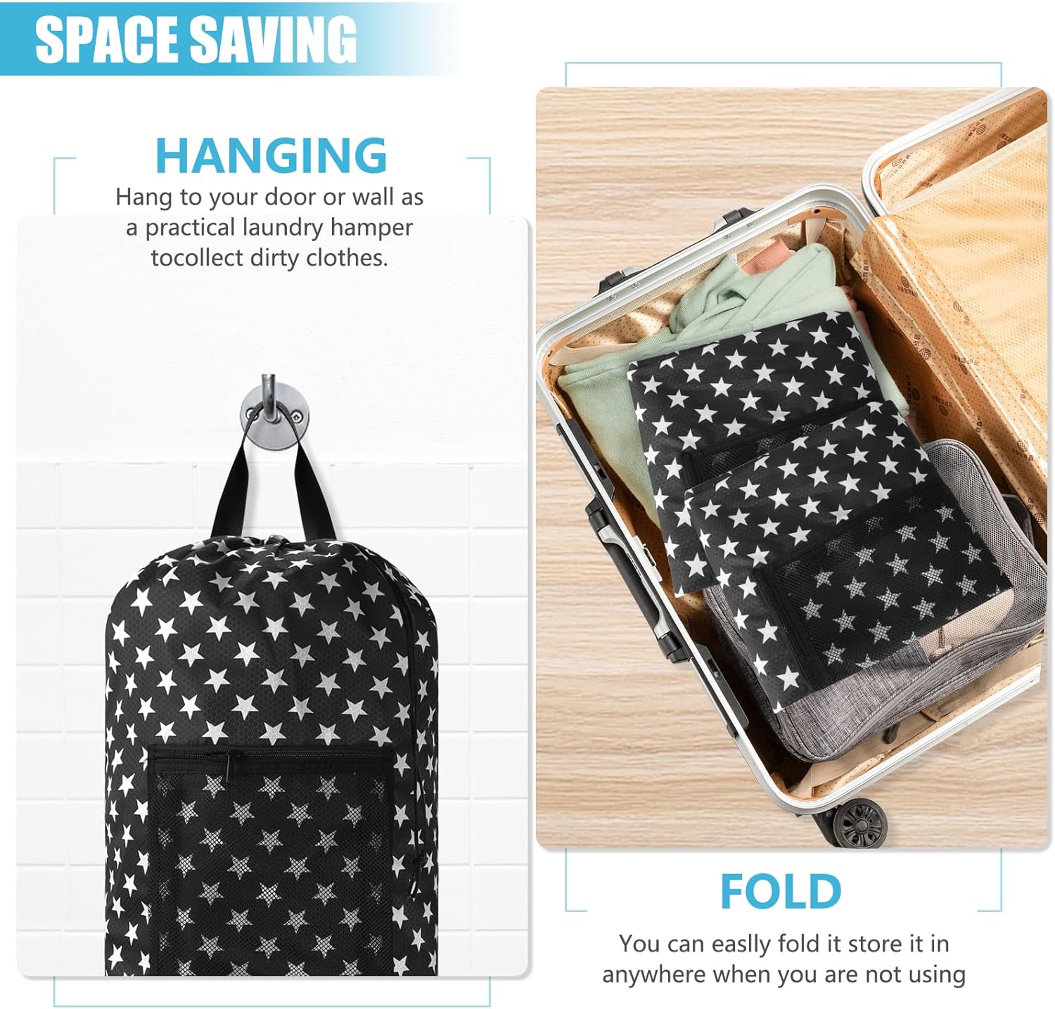 Portable Laundry Bag Backpack with Adjustable Straps & Mesh Pocket - Drawstring Closure for College, Apartment, Camping (Star Shape)