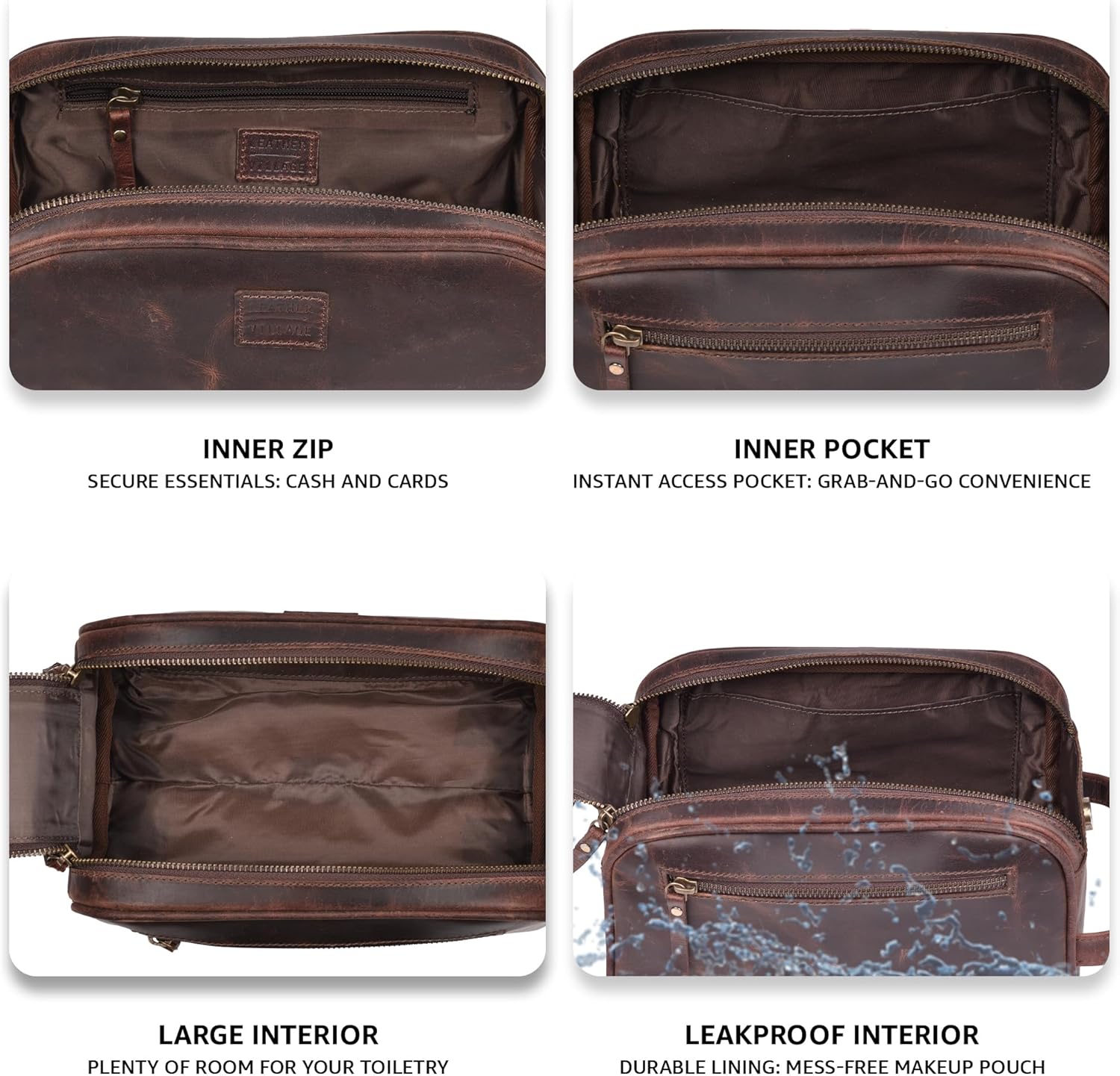 LEATHER VILLAGE Premium Leather Toiletry Travel Pouch With Waterproof Lining - Dark Brown | King-Size Handcrafted Vintage Dopp Kit Bag
