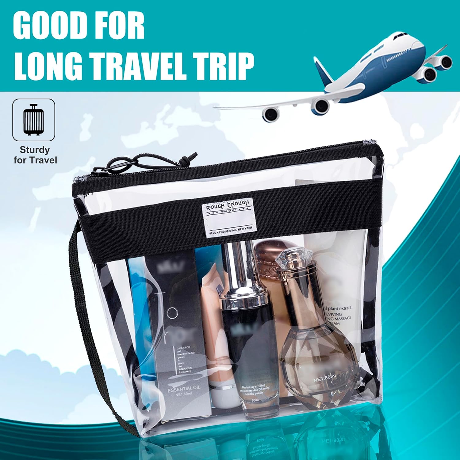 Rough Enough Clear Toiletry Bag Makeup Organizer Cosmetic Pouch with Zipper Handle for Travel Beach Essentials Storage