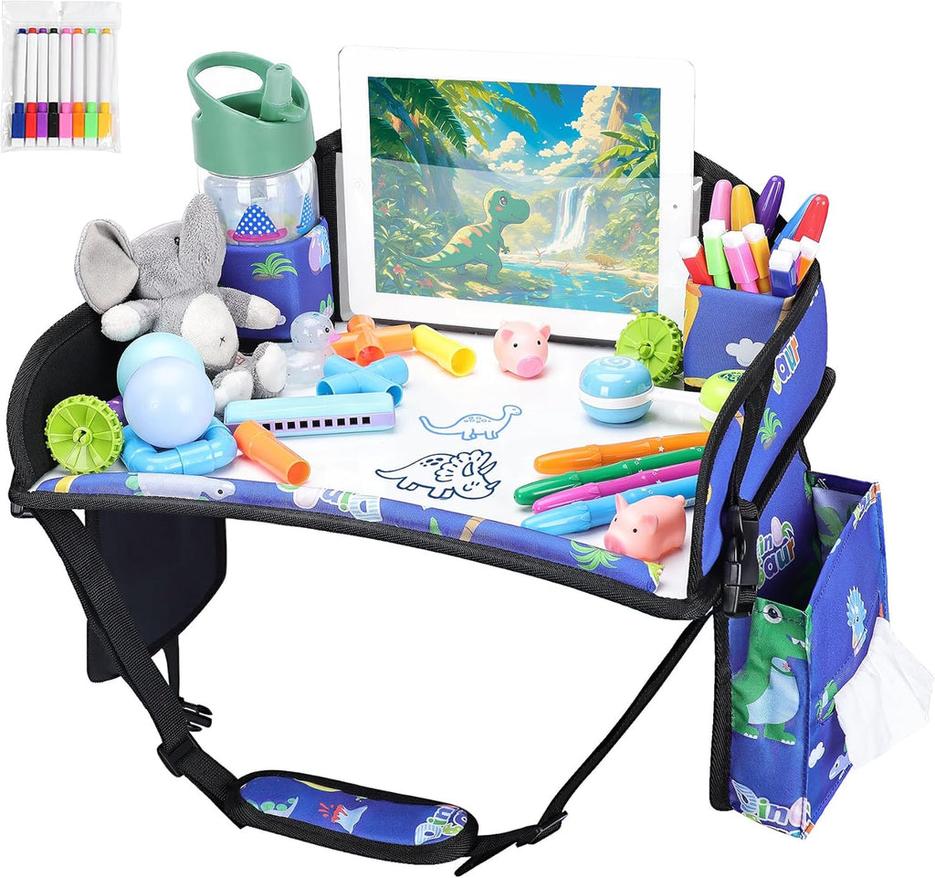 Kids Travel Tray for Car-Car Seat Tray for Kids Travel, Carseat Table Top for Toddler Road Trip Essentials With Drawing Kit, Kids Lap Desk Organizer for Car, Airplane (Blue Dinosaur)