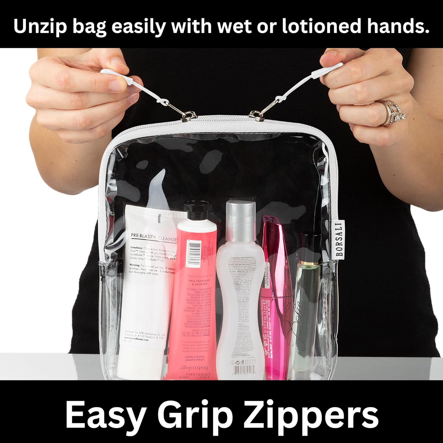 BORSALI TSA-Approved Quart-Sized Bag for Carry-On Travel - One (1) Quart Clear Toiletries, Cosmetic and 3-1-1 Liquids Toiletry Bag - White