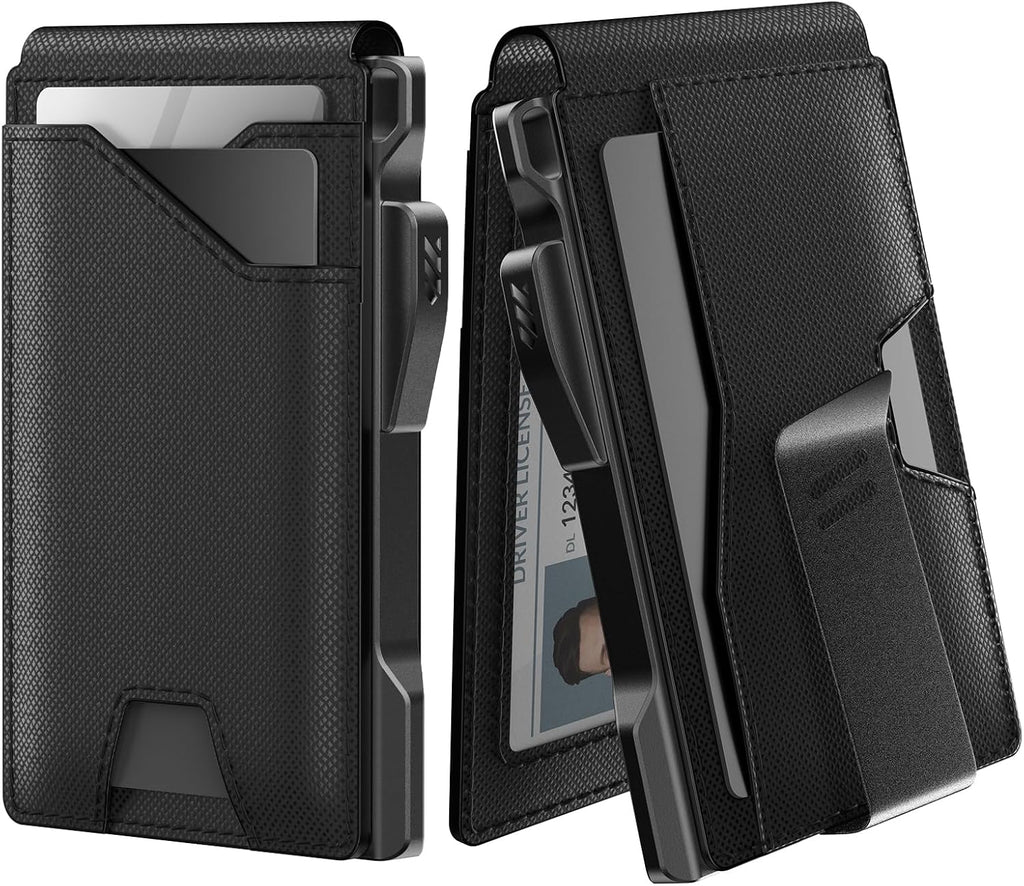typecase Tactical Wallet for Men Card Holder: Pop Up Card Case, Genuine Leather, Smart, RFID Blocking, Slim, Minimalist, Thin, Front Pocket - 9-13 Card Capacitiy, ID Window, Money Clip (Dark Black)