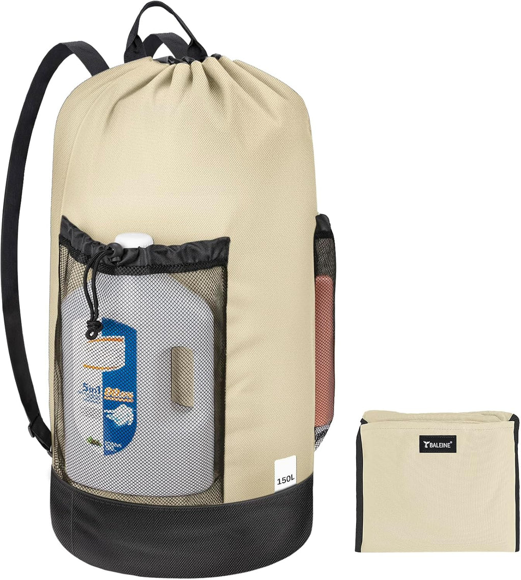 BALEINE 150L Laundry Bag Backpack, 900D Oxford Fabric Large Travel Laundry Bags with Shoulder Straps and 2 Mesh Pockets for College Dorm, Apartment, Laundromat (Beige, 150L)