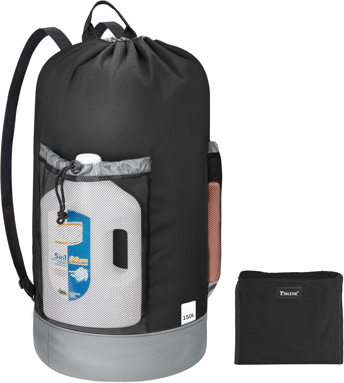 BALEINE 150L Laundry Bag Backpack, 900D Oxford Fabric Large Travel Laundry Bags with Shoulder Straps and 2 Mesh Pockets for College Dorm, Apartment, Laundromat (Black, 150L)