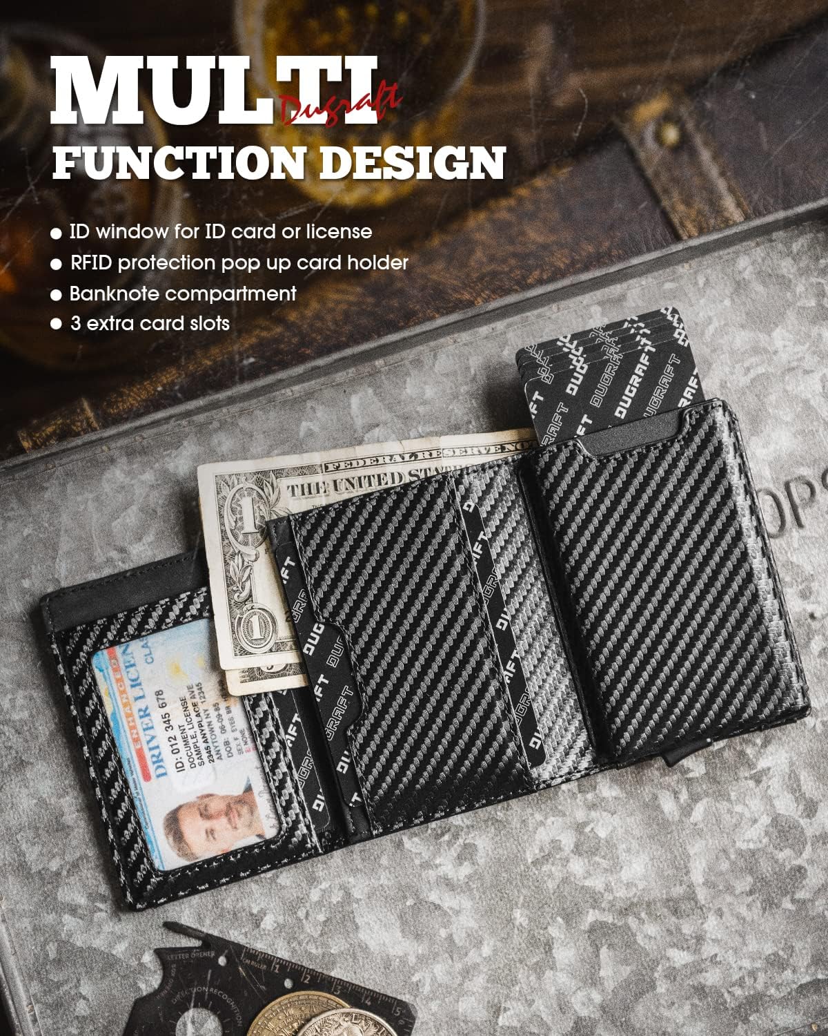 DUGRAFT Mens Wallet for Max.11 Cards with Pop Up Credit Card Ejector Case RFID Blocking, Bills/Cash Compartment and ID Window, Giftbox Packed, Carbon Fiber Black