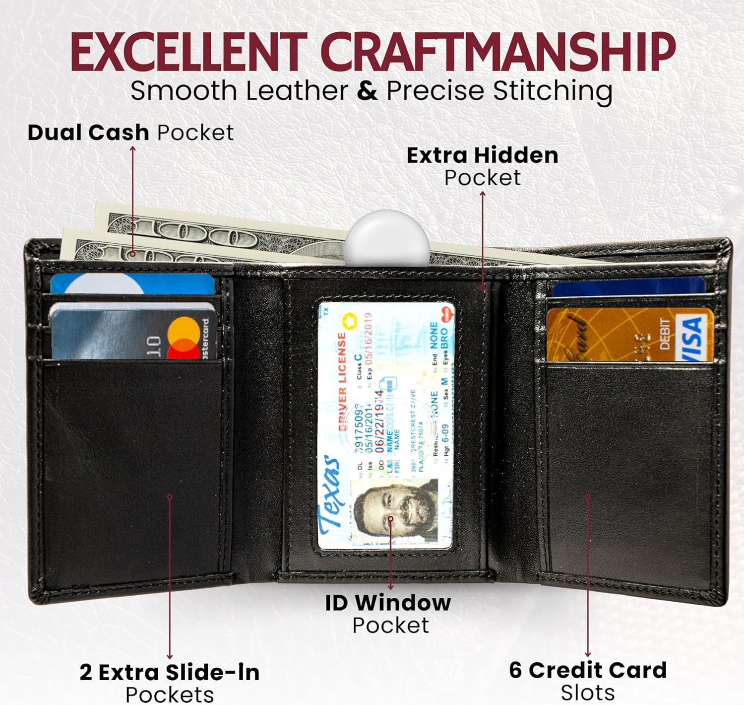 BULL GUARD Genuine Nappa Leather Trifold Wallet For Men RFID And ID Window