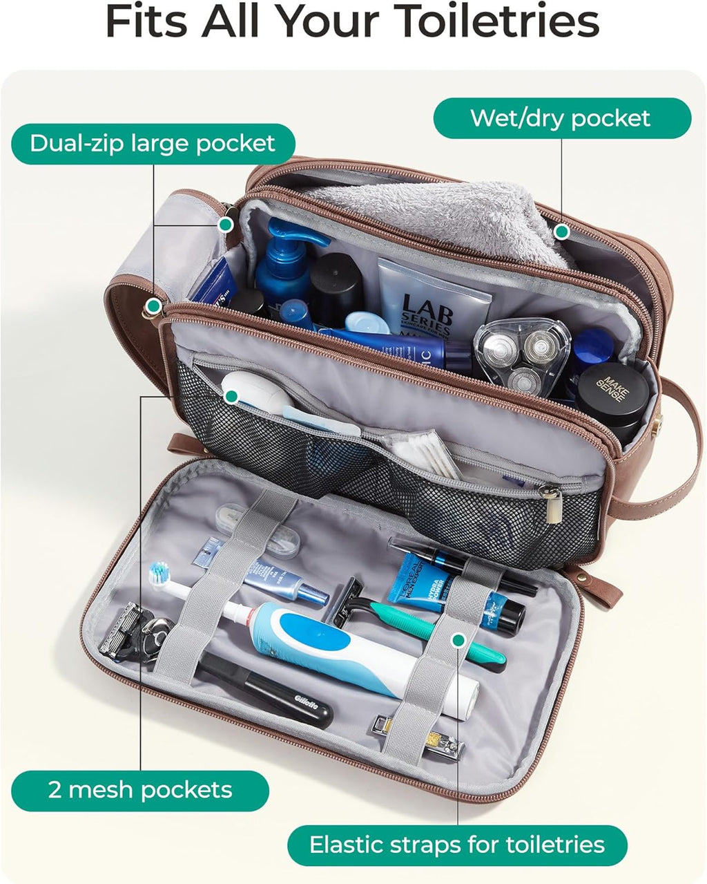 BAGSMART Toiletry Bag for Men, PU Leather Travel Bag for Toiletries, Dopp Kit Water Resistant Shaving Bag for Bathroom Shower-Dark Brown