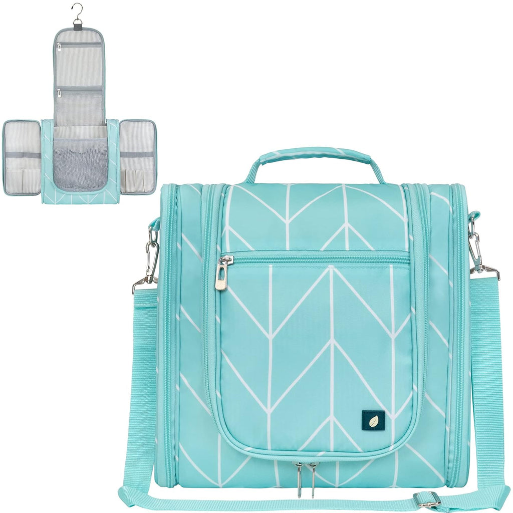 PAVILIA Extra Large Toiletry Bag Travel Bag for Women Men, Hanging Cosmetic Organizer, Water Resistant Makeup Bag for Accessories Toiletries, Travel Essentials Kit (Teal Chevron)