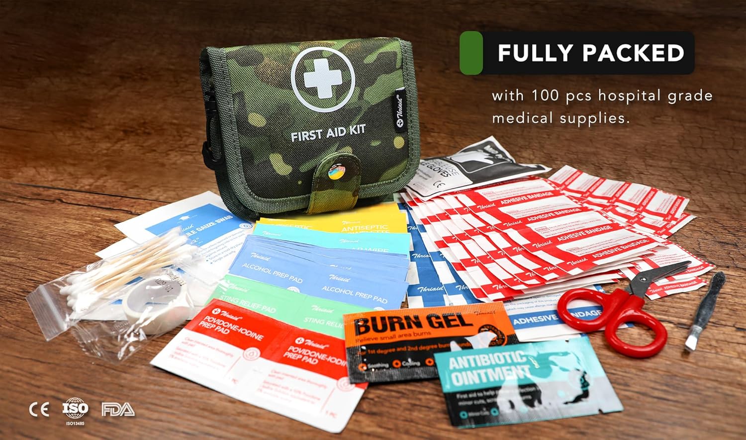 Small First Aid Kit, 100 Pieces Water-Resistant Well Organzied Pouch with Rotatable Buckle - Ideal for Outdoor, Travel, Biking, Camping, Hiking, Car (Green Camo)