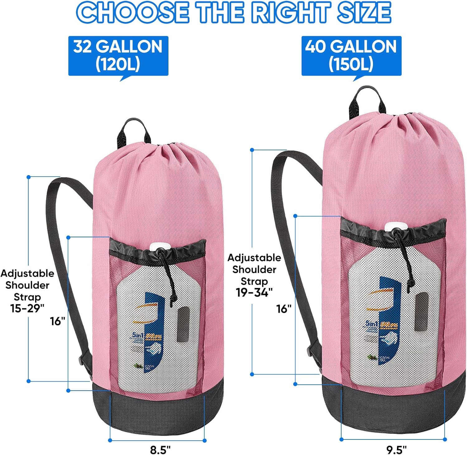 BALEINE 120L Laundry Bag Backpack, 900D Oxford Fabric Large Travel Laundry Bags with Shoulder Straps and 2 Mesh Pockets for College Dorm, Apartment, Laundromat (Pink, 120L)