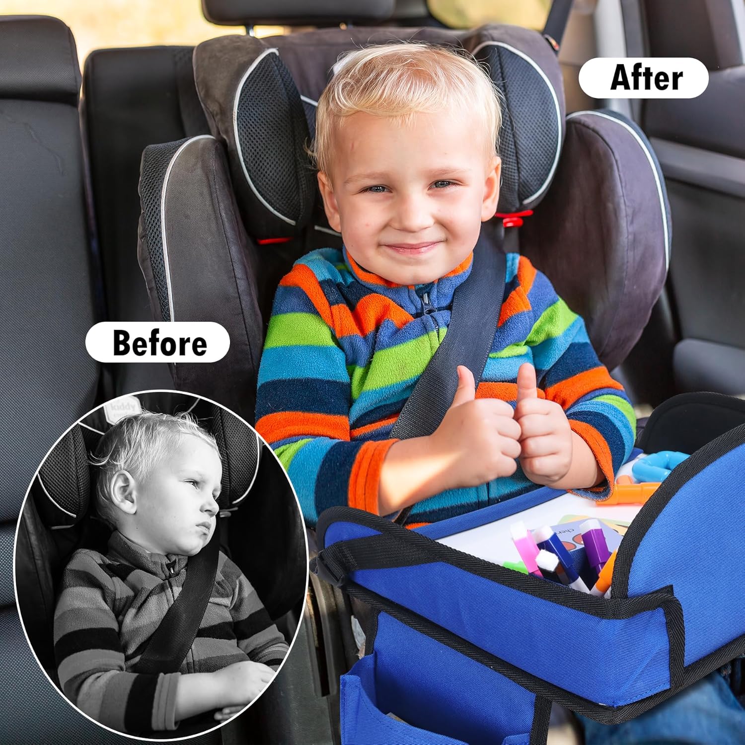 Kids Travel Tray, Travel Tray For Kids Car Seat, Toddler Road Trip Essentials With Drawing Kit, Carseat Tray For Kids Travel, Travel Activities Road Trip Must Haves For Kids (Navy Blue)