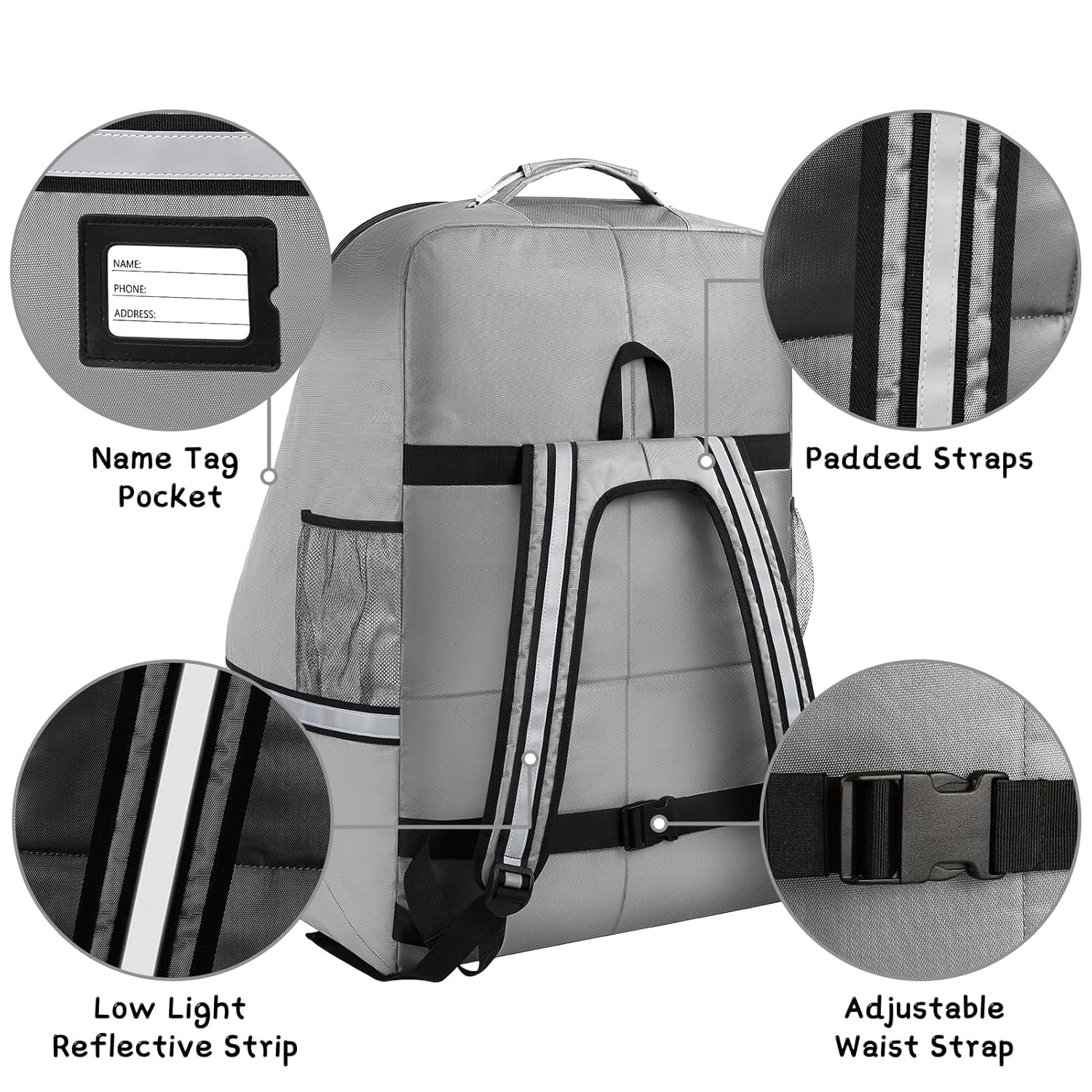Car Seat Travel Bag,Padded Car Seats Backpack with Steel Cable Handle and Reflective Stripes, Large Durable Carseat Carrier Bag,Airport Gate Check Bag,Infant Seat Travel Bag with Shoulder Strap,Grey