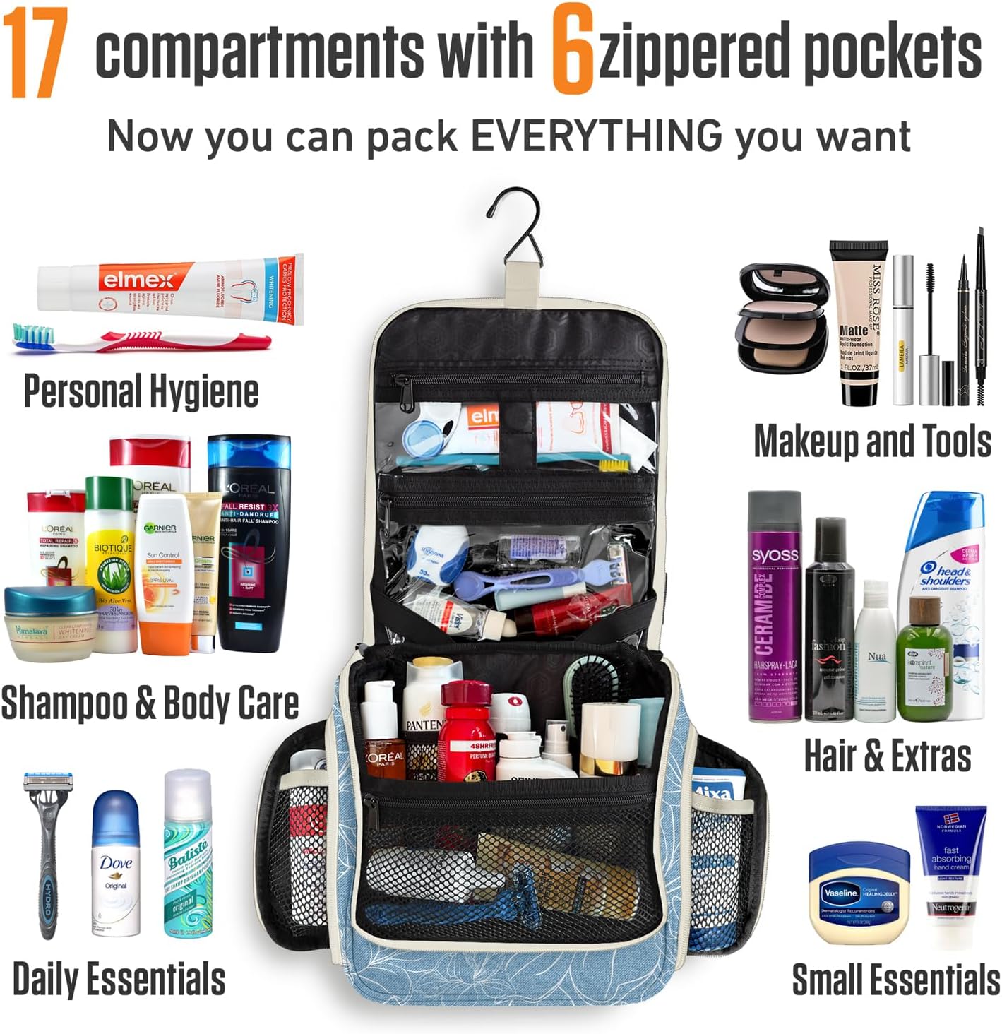 VENTURE 4TH Hanging Travel Toiletry Bag for Women & Men - Travel Organizer with Expandable Compartments & Removable Clear Pouch for Toiletries (Blue Flowers)