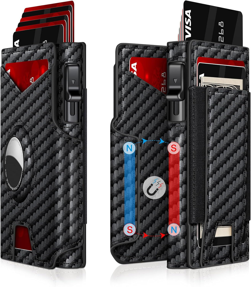 Airtag Wallet for Men, Minimalist Slim Mens Wallet Smart Pop Up Credit Card Holder for 9-13 Cards, RFID Blocking Wallet with ID Window & Cash Slot, Compact Bifold Metal Aluminum Card Case