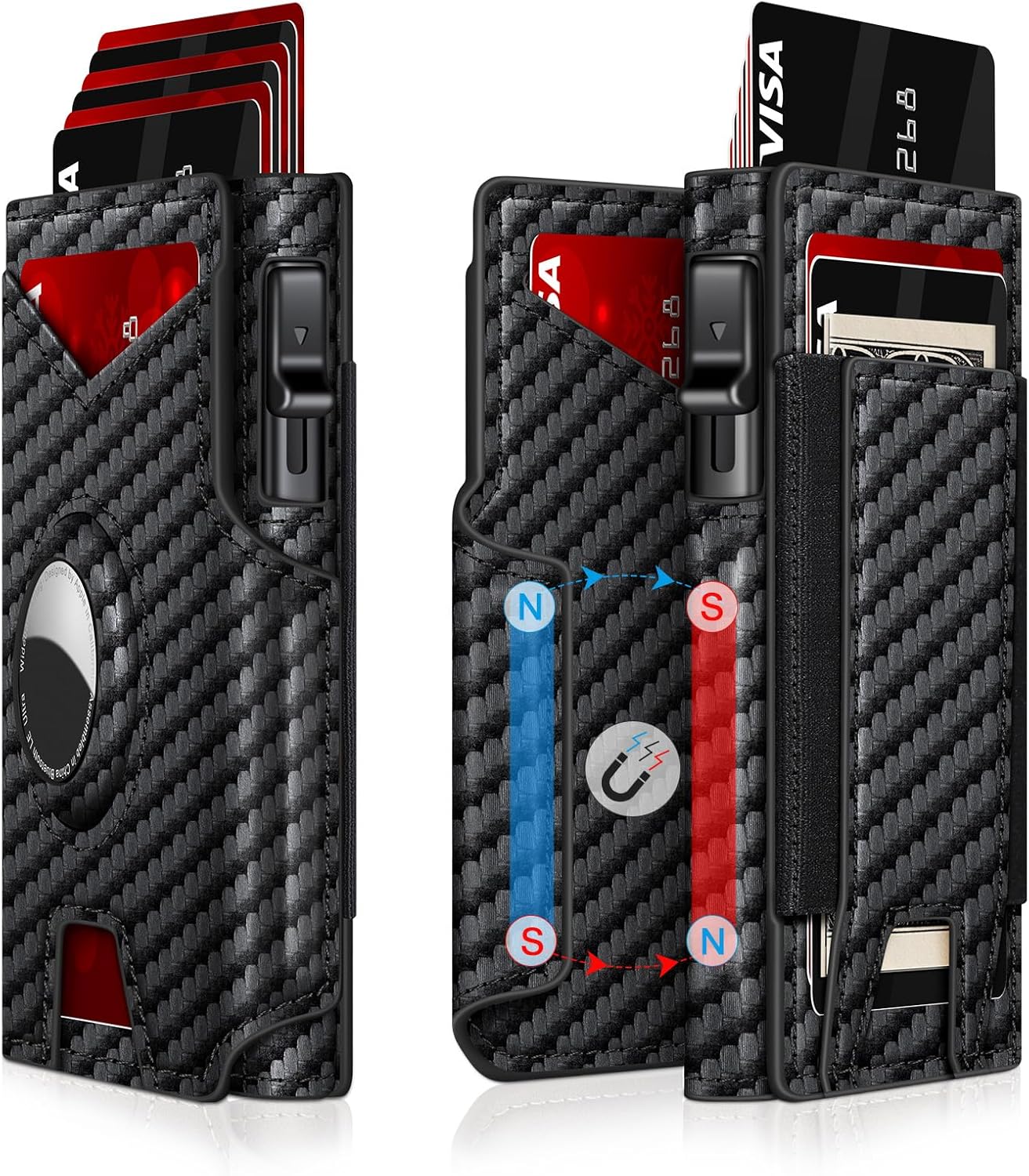 Airtag Wallet for Men, Minimalist Slim Mens Wallet Smart Pop Up Credit Card Holder for 9-13 Cards, RFID Blocking Wallet with ID Window & Cash Slot, Compact Bifold Metal Aluminum Card Case