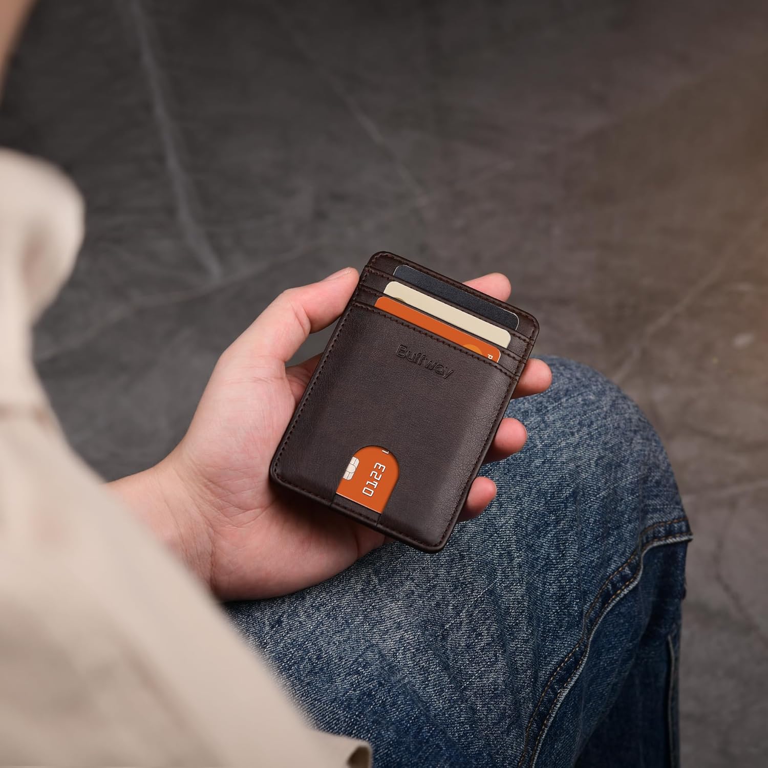 Buffway Mens Slim Wallet, Minimalist Thin Front Pocket Leather Credit Card Holder with RFID Blocking for Work Travel