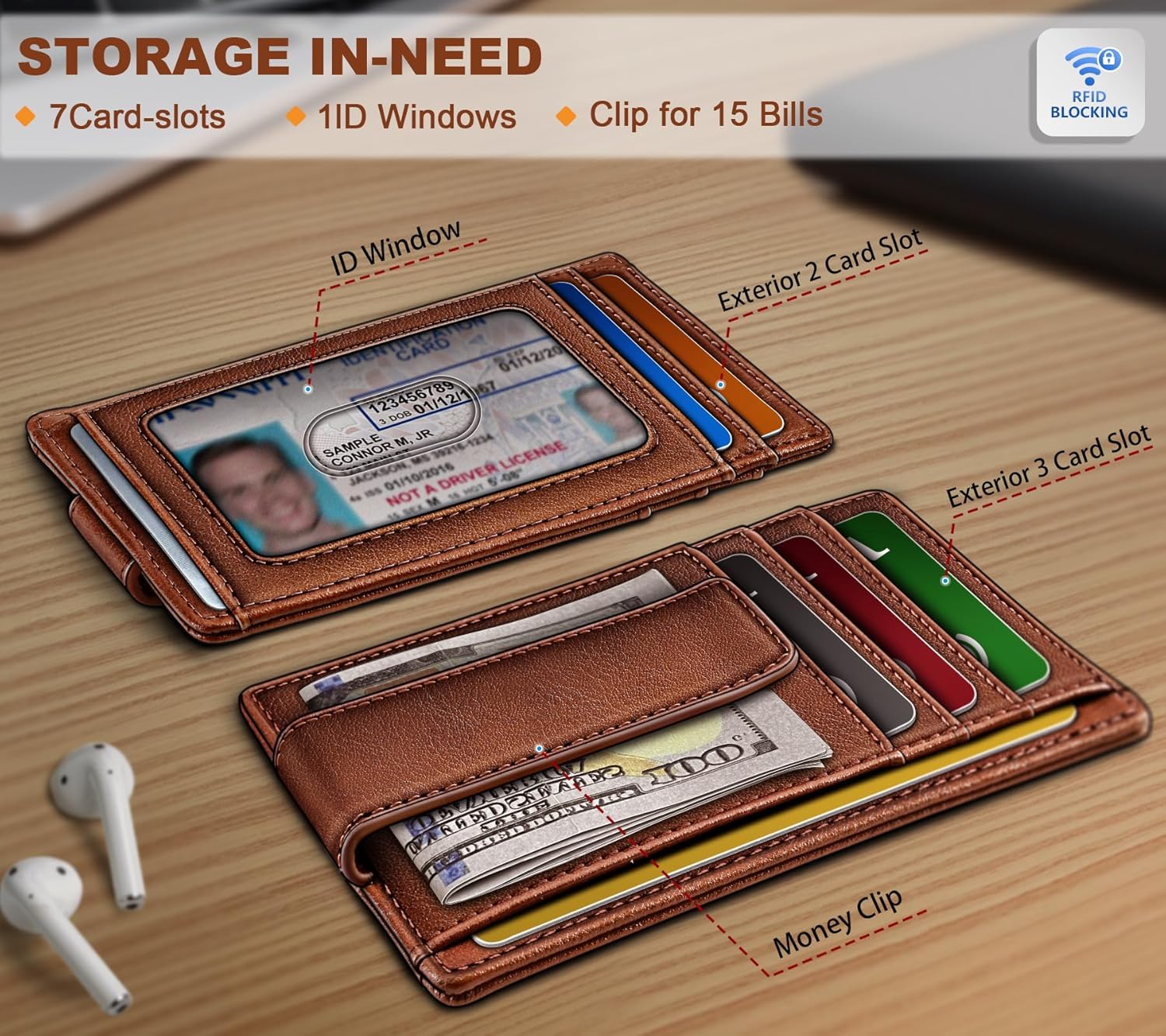 BULLIANT Men Wallet,Slim Leather Wallet Money Clip Card Hodler For Men Gift 8 Cards RFID Blocking