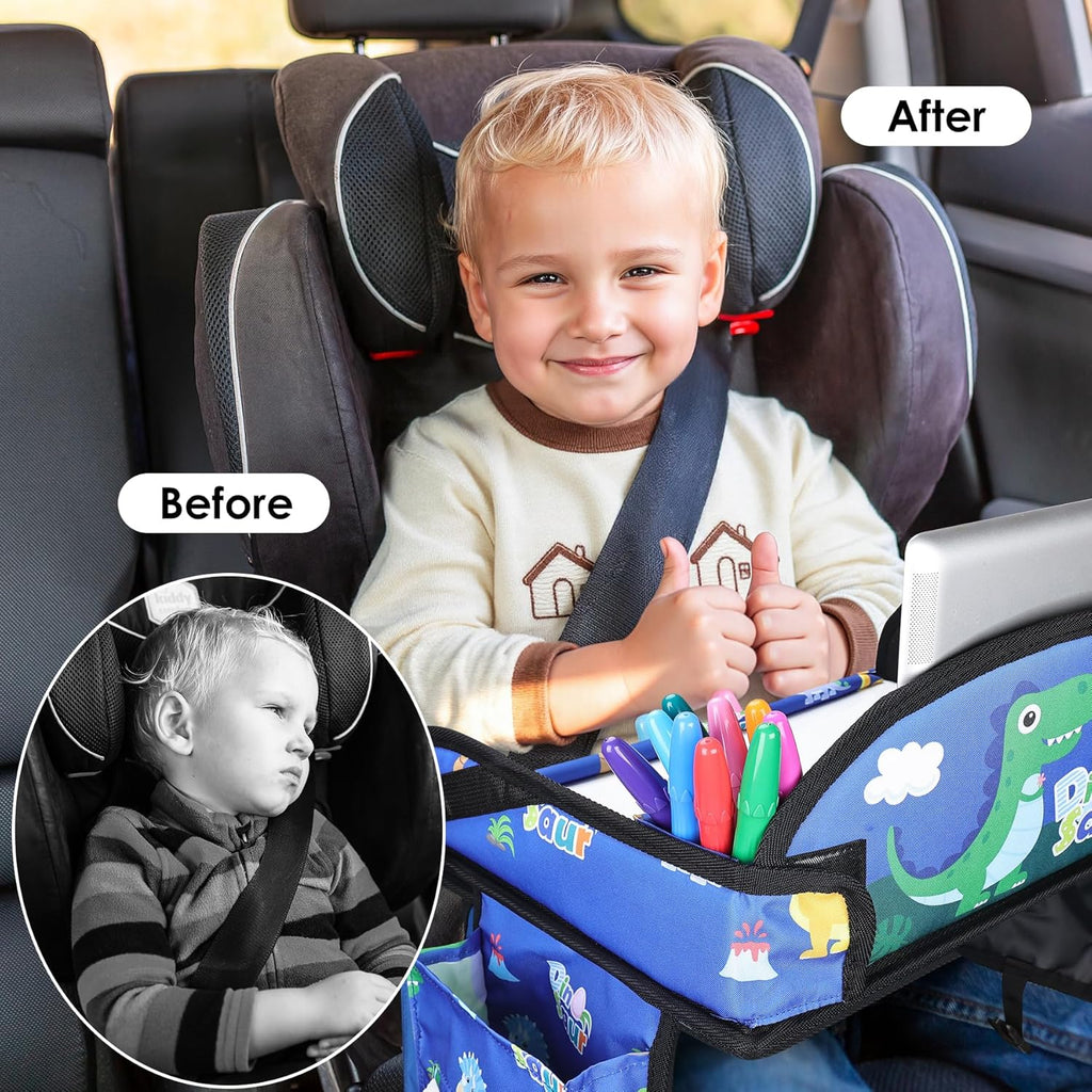 Kids Travel Tray for Car-Car Seat Tray for Kids Travel, Carseat Table Top for Toddler Road Trip Essentials With Drawing Kit, Kids Lap Desk Organizer for Car, Airplane (Blue Dinosaur)