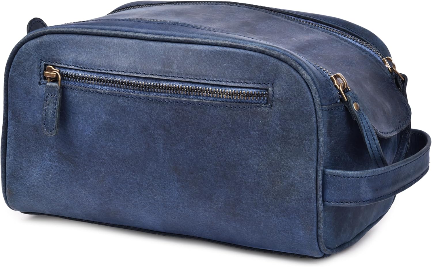 LEATHER VILLAGE Premium Leather Toiletry Travel Pouch With Waterproof Lining - Blue | King-Size Handcrafted Vintage Dopp Kit Bag