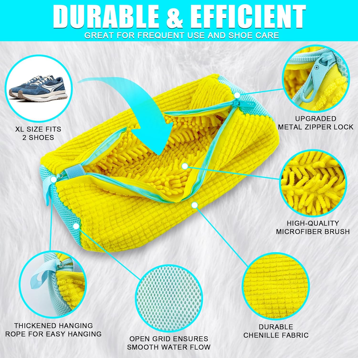 XXL Shoe Washing Machine Bag - 2-Pack Reusable Shoe Cleaning Bags, 360° Deep Clean for Tennis Shoes, Sneakers and Slippers, Includes 2 Storage Dust Bags (Yellow)