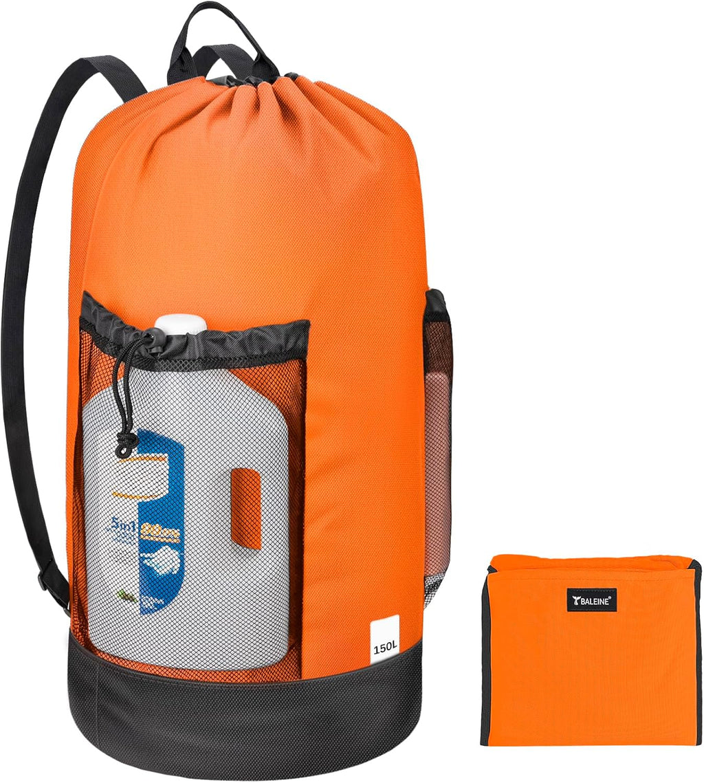 BALEINE 150L Laundry Bag Backpack, 900D Oxford Fabric Large Travel Laundry Bags with Shoulder Straps and 2 Mesh Pockets for College Dorm, Apartment, Laundromat (Orange, 150L)