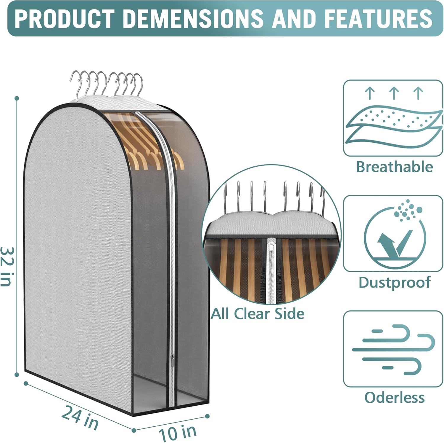 10" Gusseted Garment Bags for Hanging Clothes 32" Suit Bags for Open Closet Storage, Side Clear Clothing Cover for Coat, Dress, Jacket, Shirt, Fur Wardrobe Protector, 3 Packs, Grey