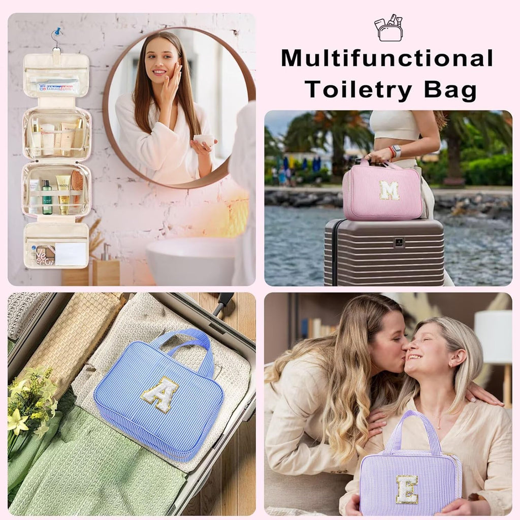 TOPEAST Travel Toiletry Bag for Women - Hanging Toiletry Bag, Large Capacity Personalized Travel Toiletry Bag and Makeup Bag, Travel Essentials Portable Toiletries Travel Bag - Letter D, Blue