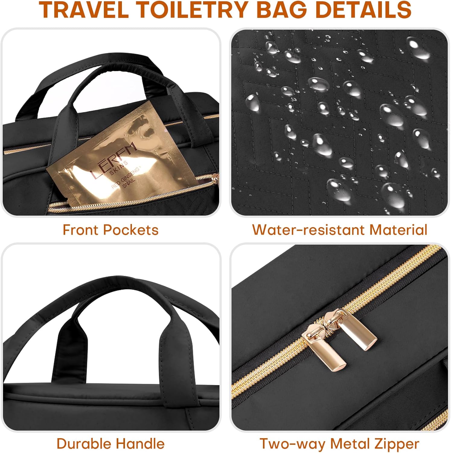 Hanging Toiletry Bag for Women Travel, 2 Sizes Large & Small Waterproof Cosmetic Organizer with 4 Compartments, Rotating Hook, Foldable Pink Travel Bag for Toiletries & Makeup - Large Black