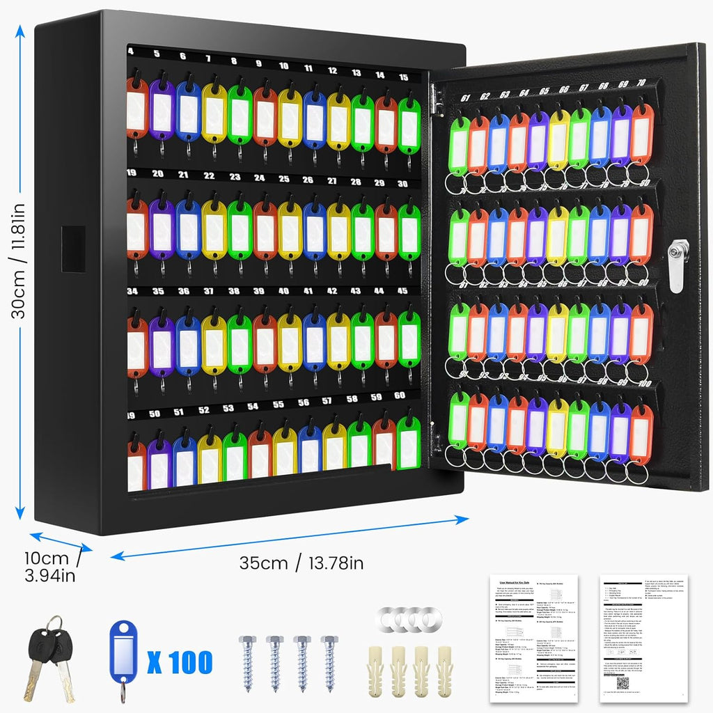100 Keys Key Lock Box, Anti-Theft Key Cabinet with Key Tags, Key Organizer Wall Mount for Car Garage House Rental Office Business