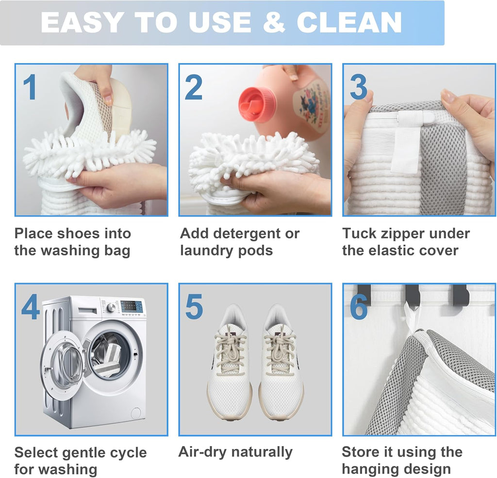 Shoe Washing Machine Bag – 360° Deep Clean Sneaker Laundry Bag with Cleaning Fibers and Zipper, Reusable Shoe Bag for Washing Machine, 2 Pack