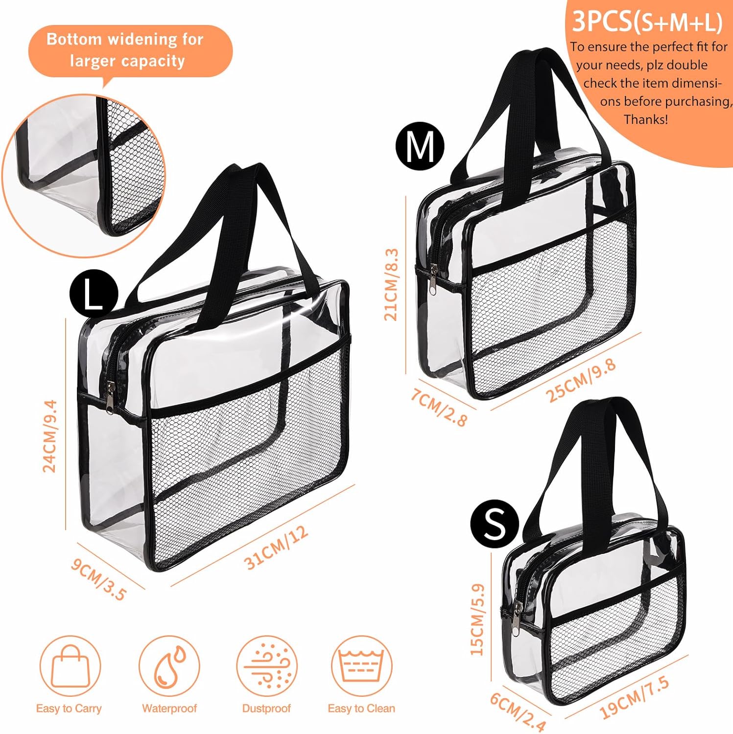 XEWEA Large Small Clear Travel Toiletry Bags with Handles & Pocket for Men Women, 3PCS TSA Approved Transparent Makeup Bag,Waterproof PVC Quart Organizer with Zipper for Toiletries Airline Essentials