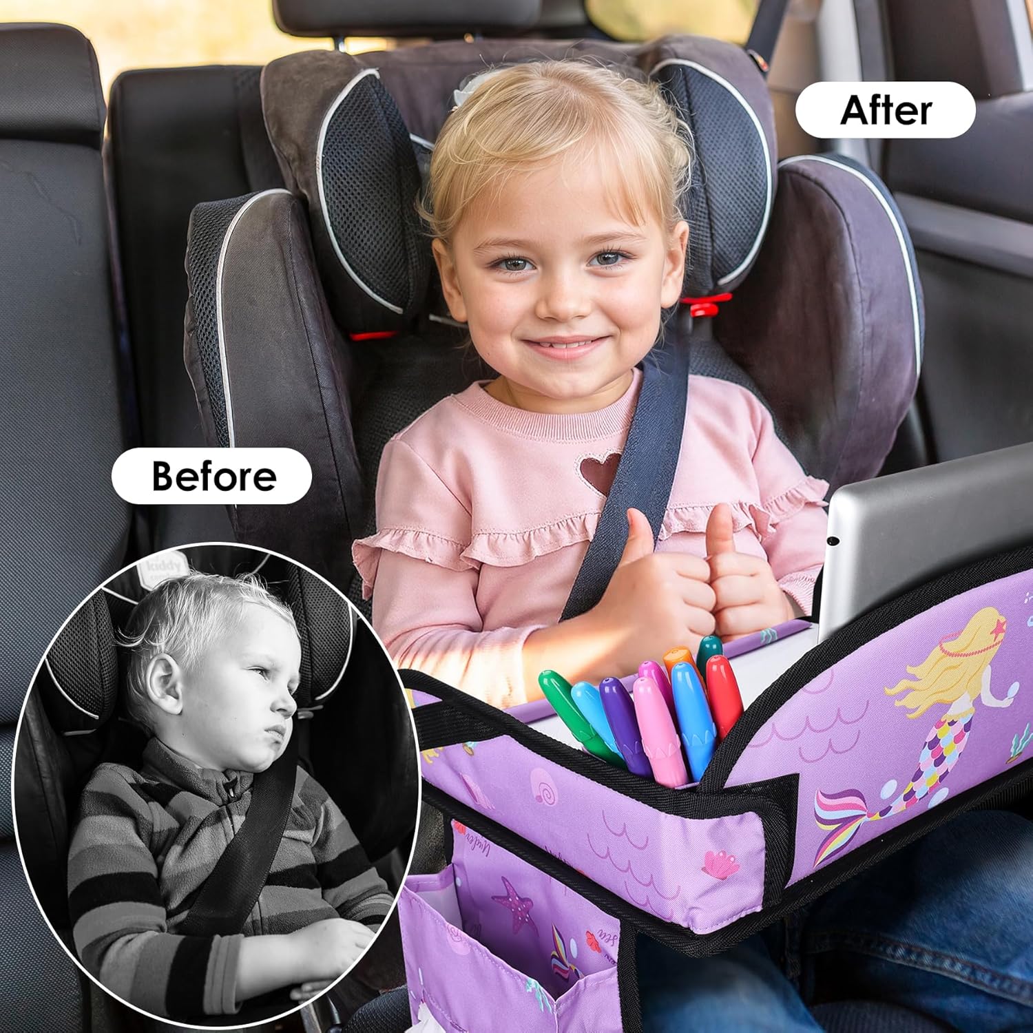 Kids Travel Tray for Car-Car Seat Tray for Kids Travel, Carseat Table Top for Toddler Road Trip Essentials With Drawing Kit, Kids Lap Desk Organizer for Car, Airplane (Purple Mermaid)