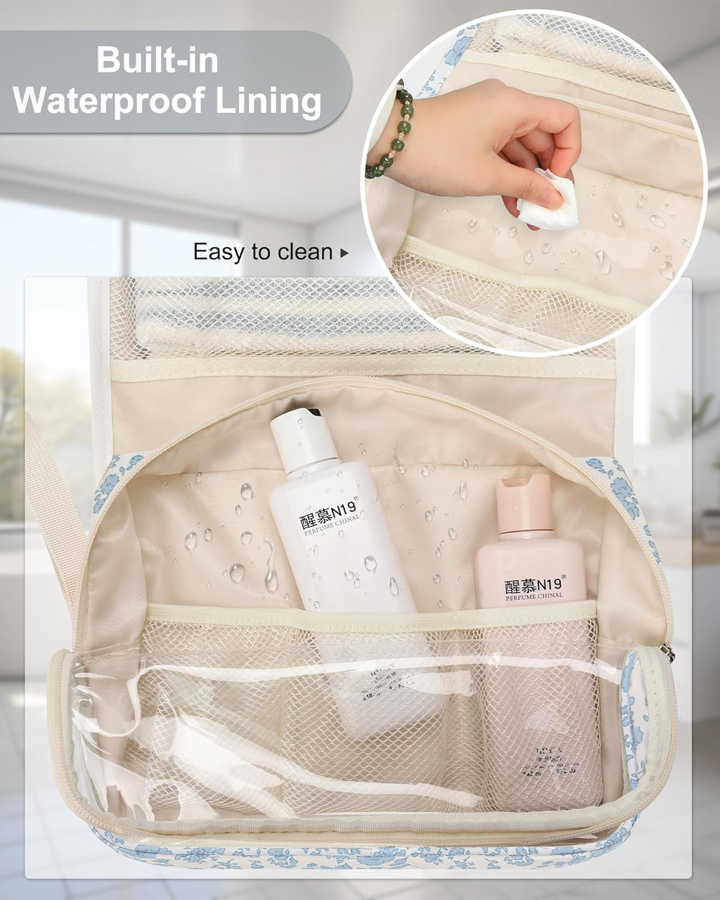 Hanging Toiletry Bag, Travel Toiletries Bag with Hanging Hook, Water Resistant Makeup Cosmetic Organizer for Full Sized Container, Shampoo, Portable Wash Bag for Travel Size Essentials - Blue Flower