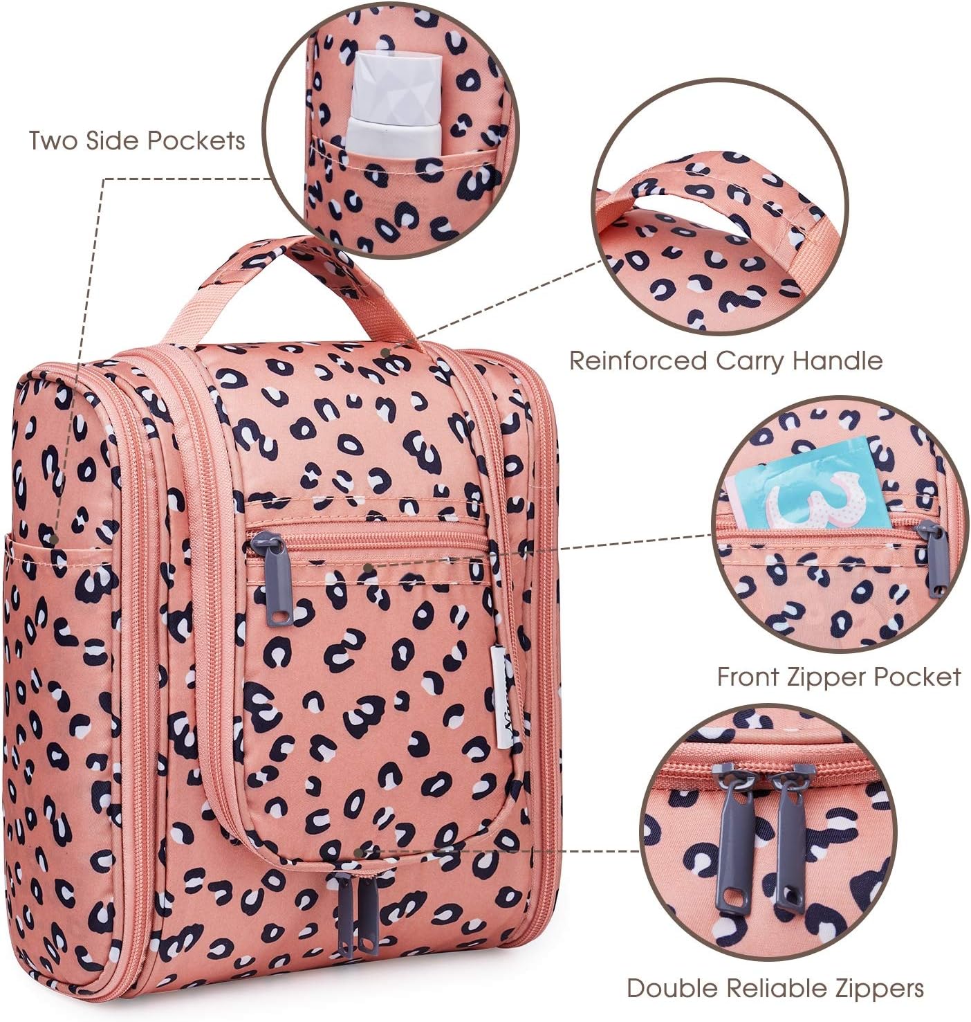 Narwey Small Hanging Cheetah Toiletry Bag Women Travel Makeup Bag Organizer Toiletries Bag for Travel Size Essentials Accessories Cosmetics (Medium, Orange Leopard)