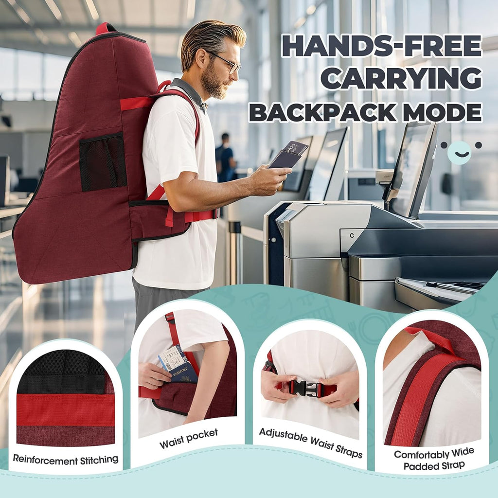 RAINSMORE Padded Car Seat Travel Bag for Airplane Heavy Duty Car Seat Backpack for Air Travel Baby Carseat Cover Bags for Airport Large Car Seats Carrier Fits Car Seats & Booster Seats,Red