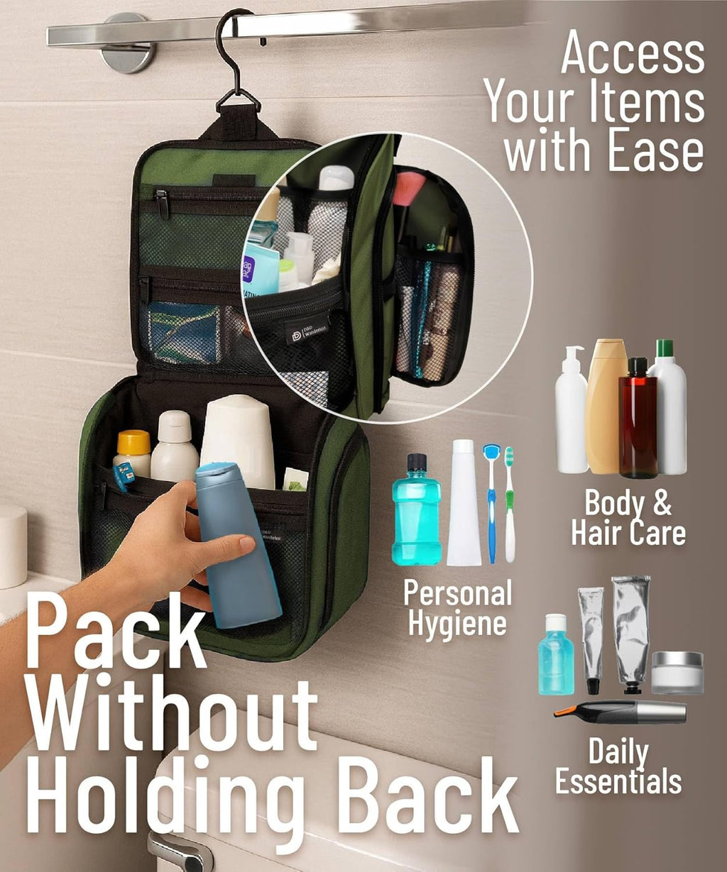 D&D Hanging Travel Toiletry Bag for Men and Women – Large Cosmetics, Makeup and Toiletries Organizer Kit with 10 Compartments, YKK Zippers, XXL Metal Swivel Hook, Water-Resistant Nylon