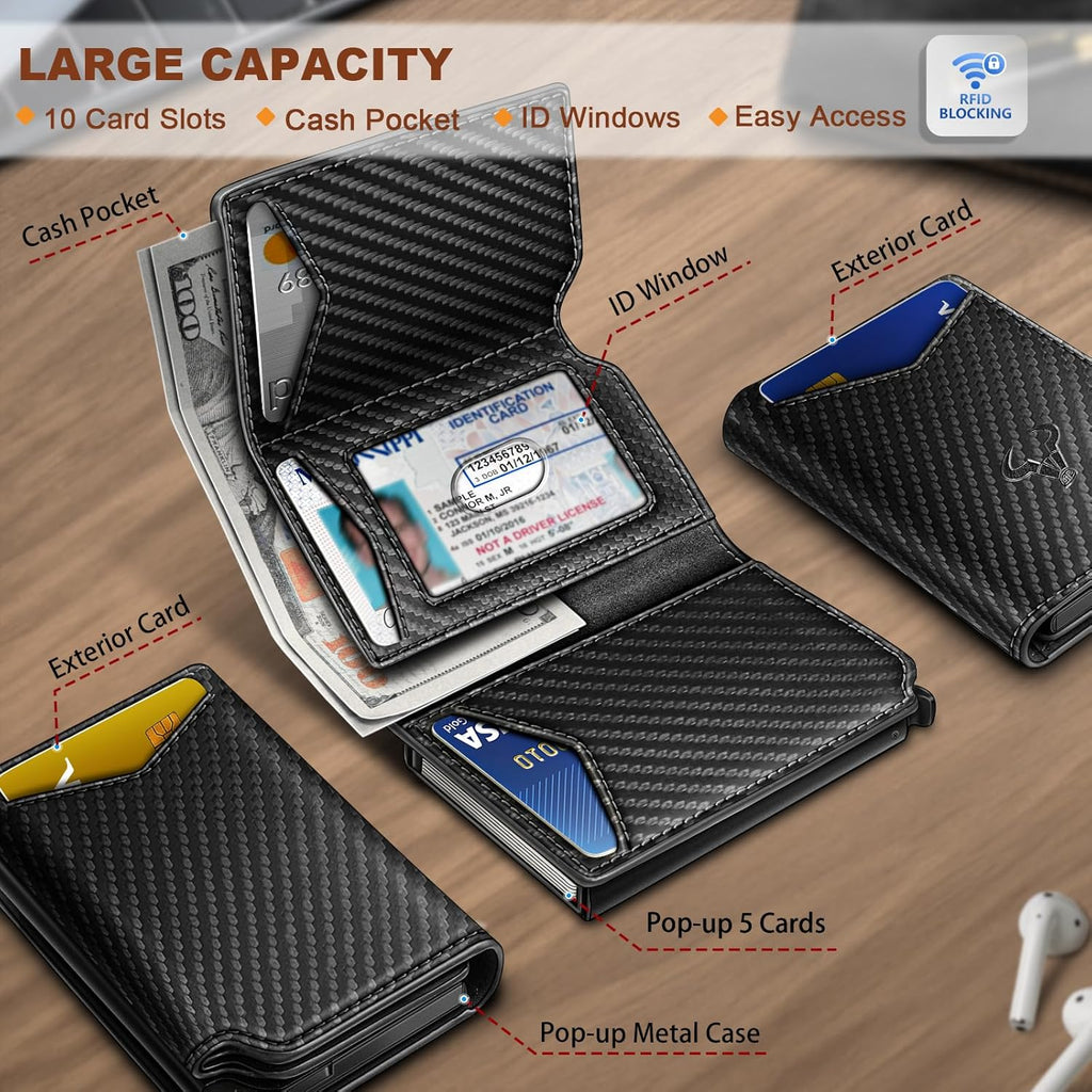 BULLIANT Men Wallet Leather Wallet Card Holders Money Clip for Men 10Cards-Magnetic Flip on Metal Case