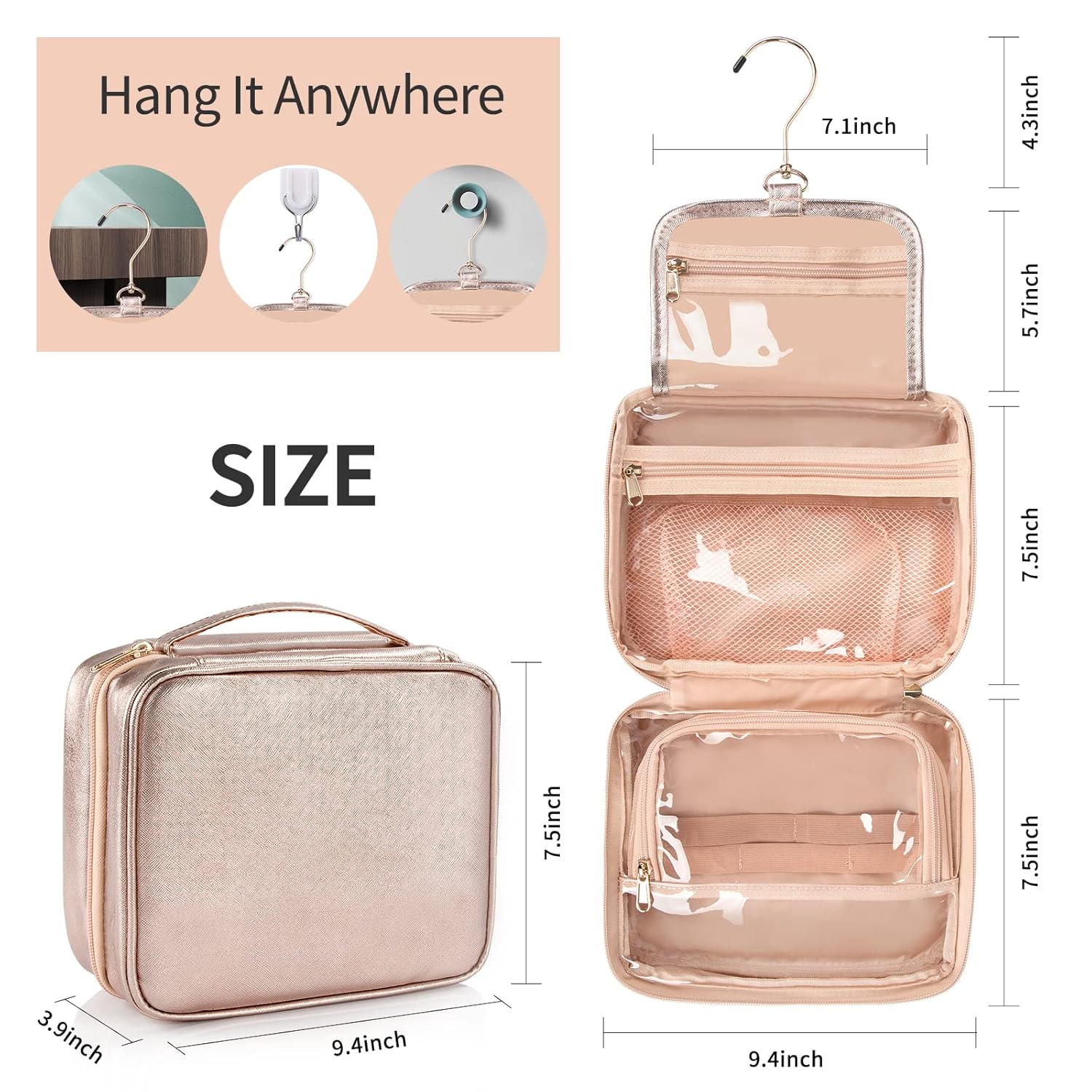 Toiletry Bag for Women - Hanging Travel Toiletry Bag with 360° Hook 3 Compartments Makeup Organizer with Portable Handle PU Leather Water-resistant Cosmetic Pouch
