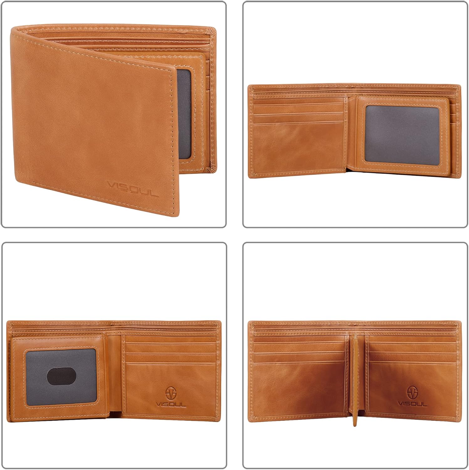 VISOUL Leather Mens Bifold RFID Blocking Wallet with 2 ID Windows, Leather Wallet for Men (Leather, Tan)