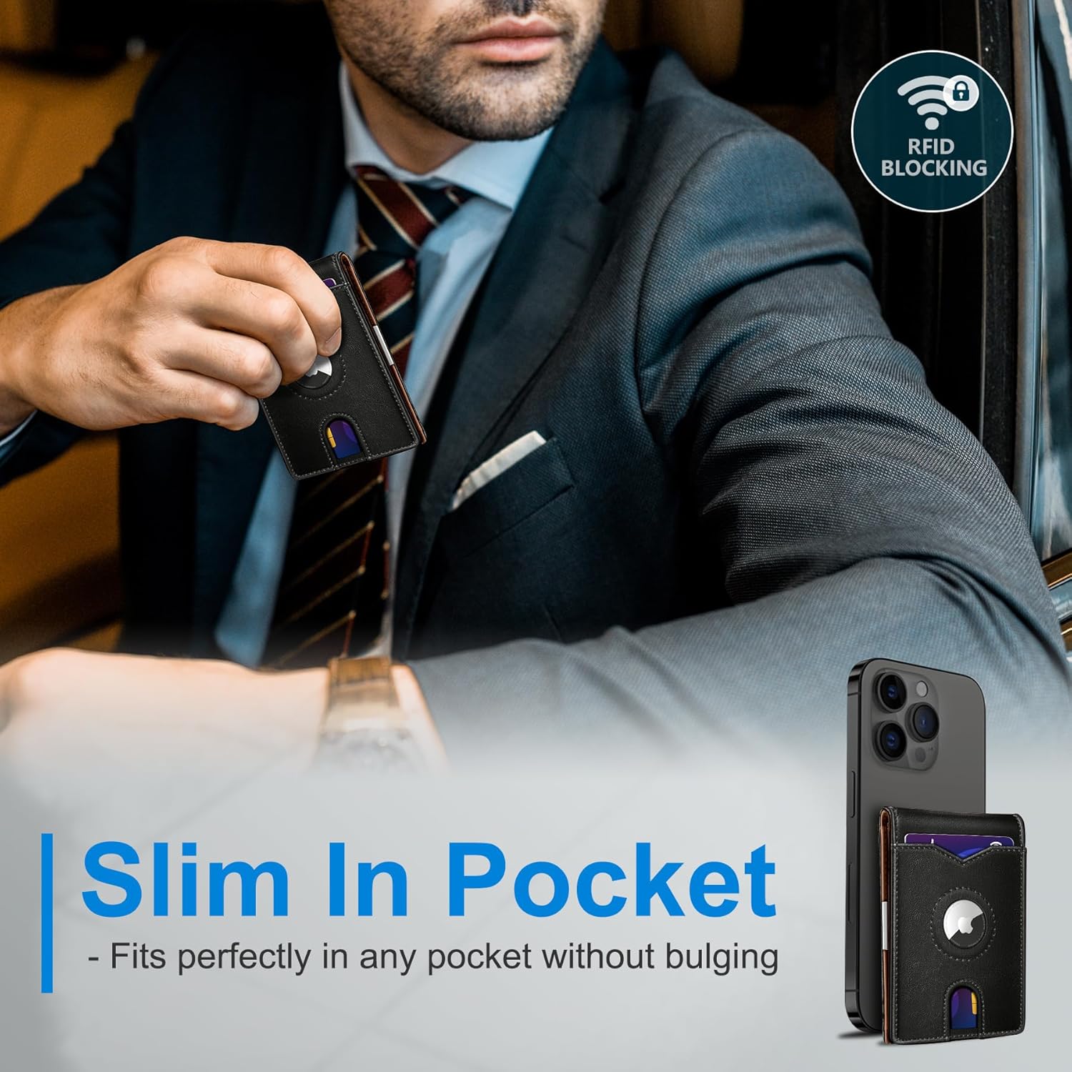 Airtag Wallet for Men,with Money Clip 11 Cards Slim Front Pocket Leather RFID Blocking Wallet with Gift Box
